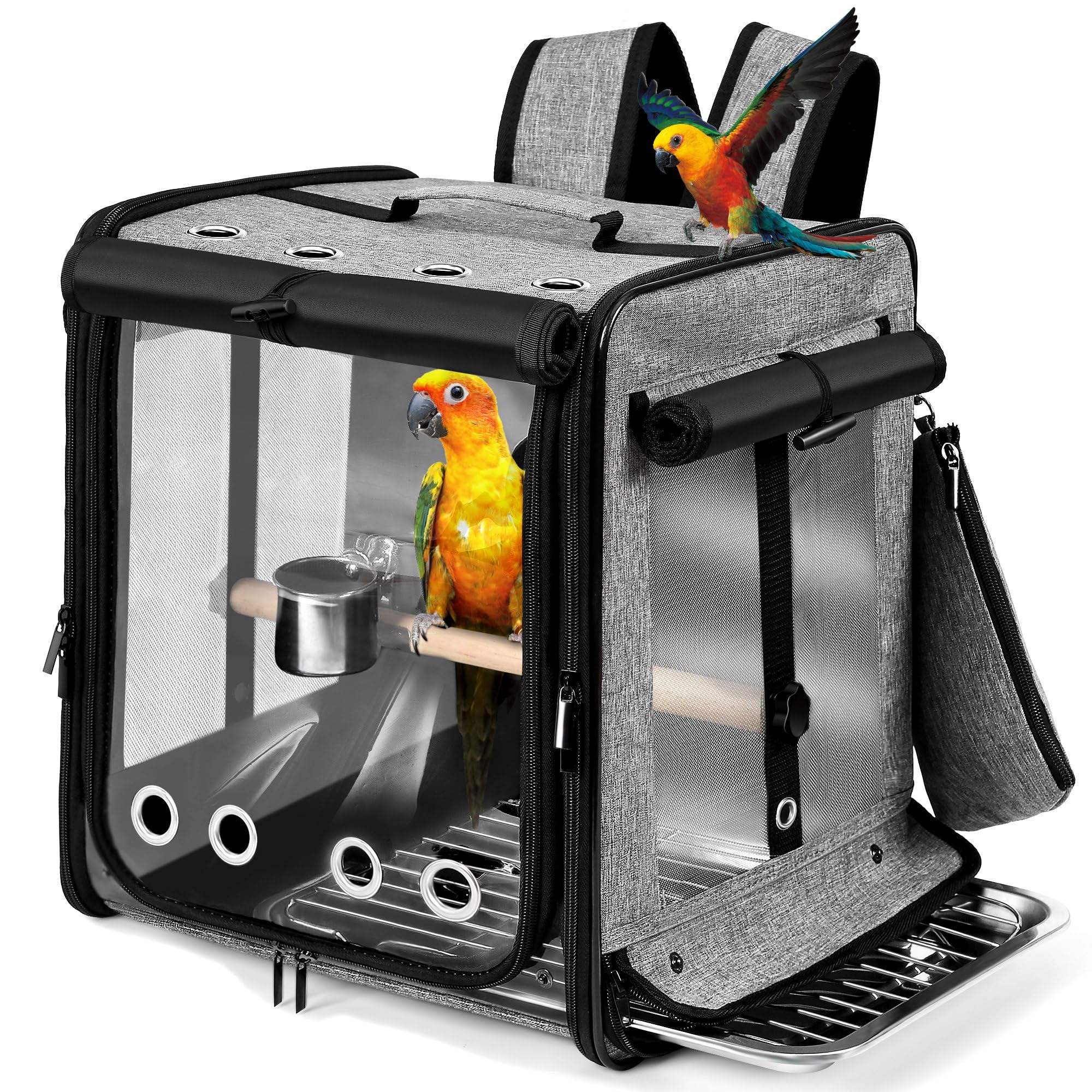 Suertree Bird Carrier with Seat Belt for Car Travel, Bird Backpack Carrier with Indestructible Stainless Steel Mesh, Large Bird Carrier Travel Cage, Grey