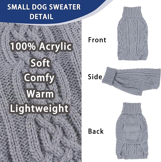 Dog Sweaters for Small Dogs Winter Dog Clothes Turtleneck Knit Puppy Sweater Warm Chihuahua Clothes Cat Sweater Frenchie Doggy Pullover Outfit with Twisted Design(Grey, X-Small)