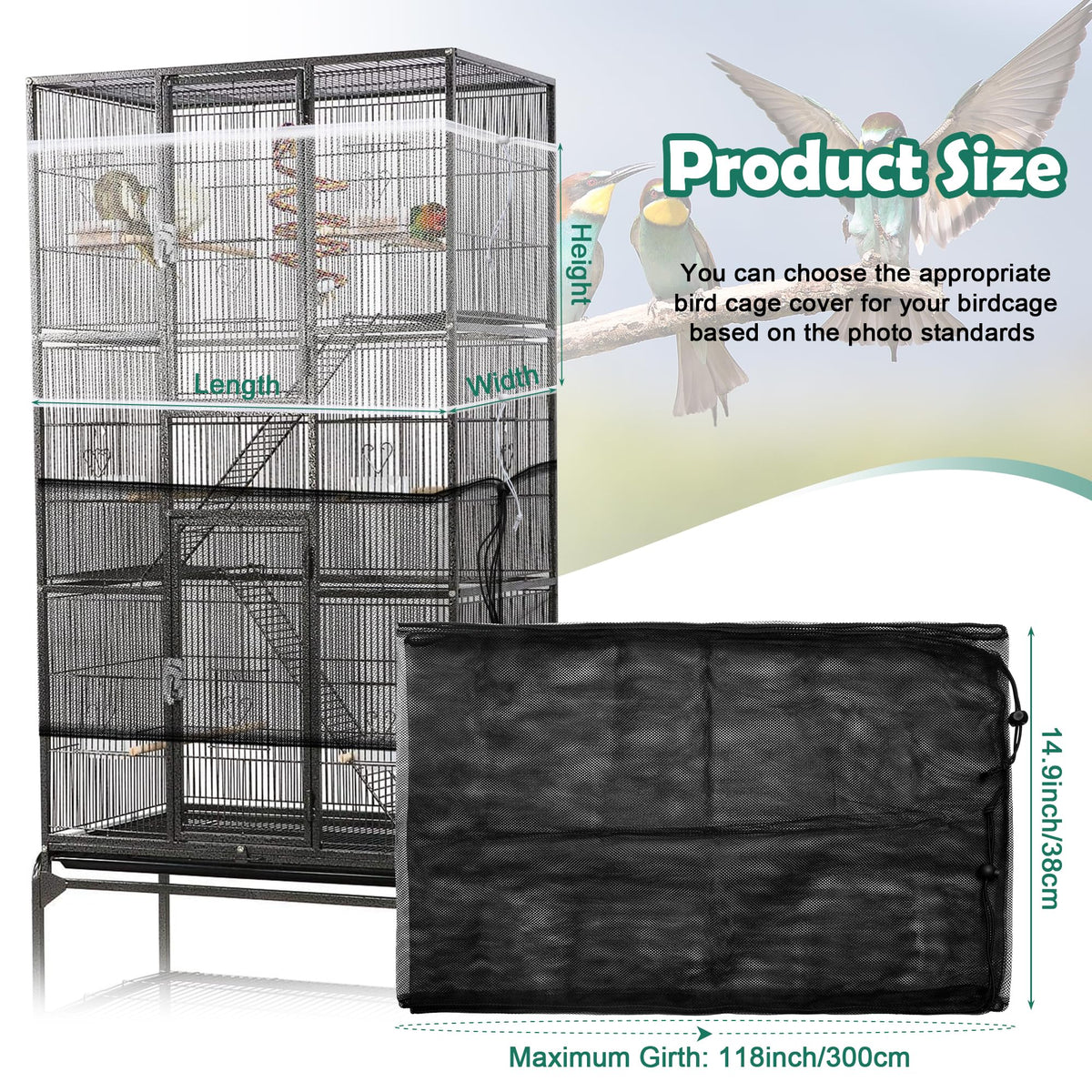 2 Pack Bird Cage Seed Catcher Guard, Adjustable Bird Cage Mesh Net Cover