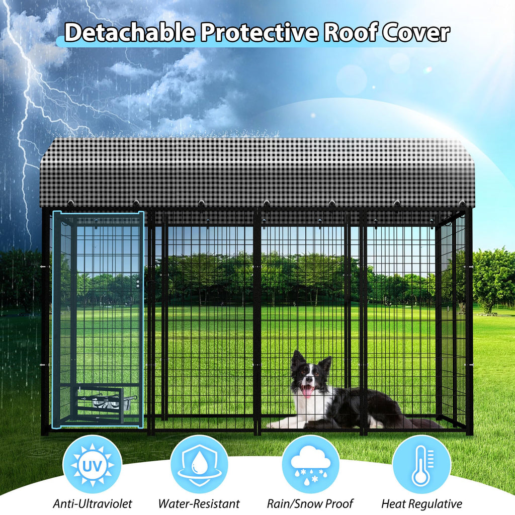 Kicari Large Dog Kennel Outside with Roof, Heavy-Duty Indoor Outdoor Dog Run Dog Enclosure with Removable Cover, Dog Pens Outside Playpen with Latch-Lock & Swivel Feeding Door, 4x8x6 Ft