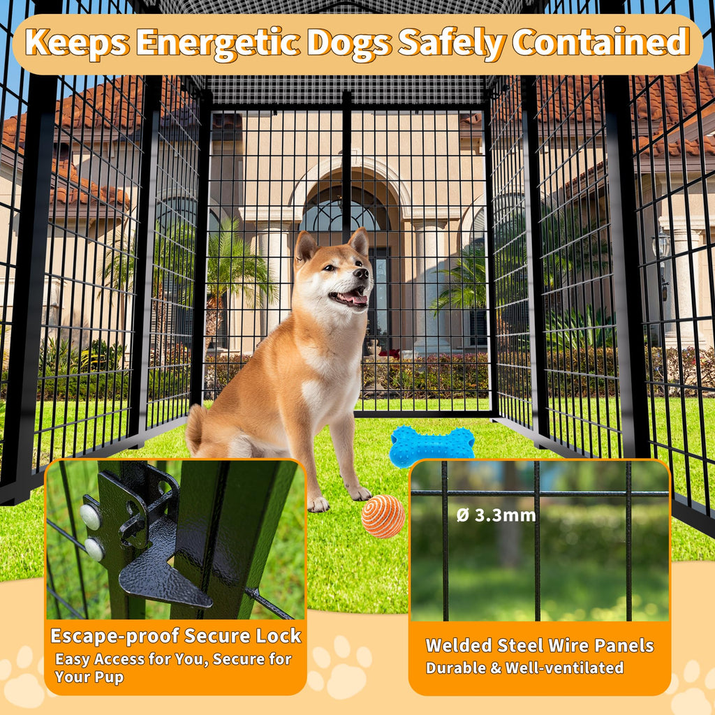 Kicari Large Dog Kennel Outside with Roof, Heavy-Duty Indoor Outdoor Dog Run Dog Enclosure with Removable Cover, Dog Pens Outside Playpen with Latch-Lock & Swivel Feeding Door, 4x8x6 Ft