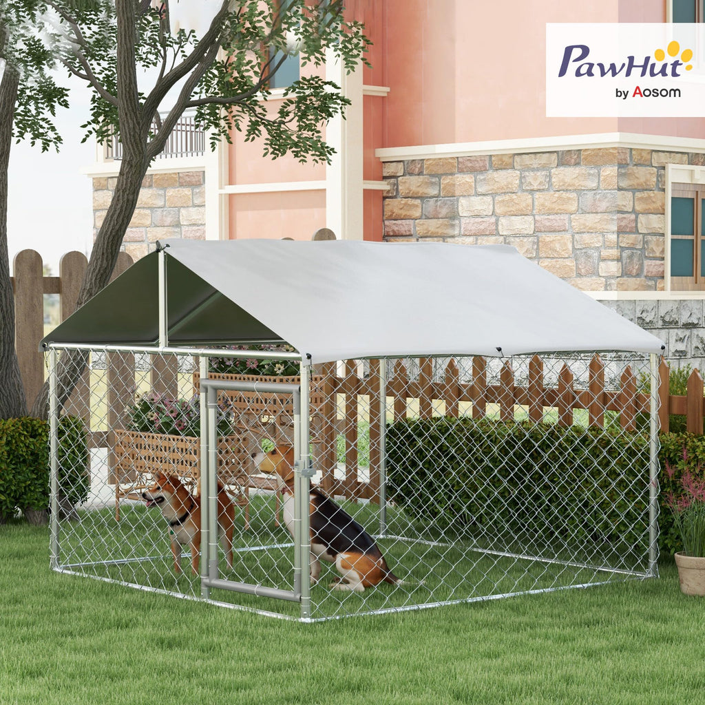 PawHut Outdoor Dog Kennel, Heavy Duty Dog Run Outdoor Fence with Waterproof Cover, Galvanized Chain Link, Secure Lock, for Large Breeds, Chickens, Ducks, 6.5' x 6.5' x 5'