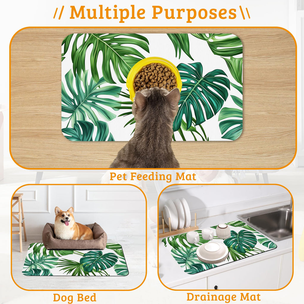 Dog Bowl Mat,Leaves Pet Feeding Mat for Floors Waterproof,Tropical Palm Absorbent Dogs Placemat for Food and Water Quick Dry Pet Cat Feeding Mats with Non Slip Bottom 16" x 24"