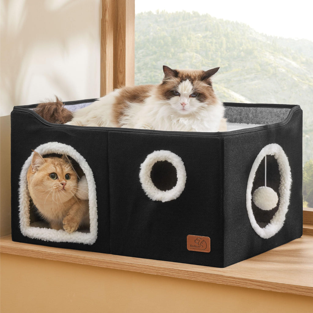Bedsure Extra Wide Cat House Bed with Fluffy Ball and Scratch Pad,Black
