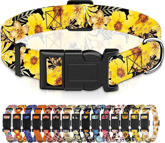 Seyezo Dog Collar for Boys & Girls, Adjustable Soft Floral Pattern Pet Collar with Safety Buckle for Small to Large Dogs (Yellow, XL)