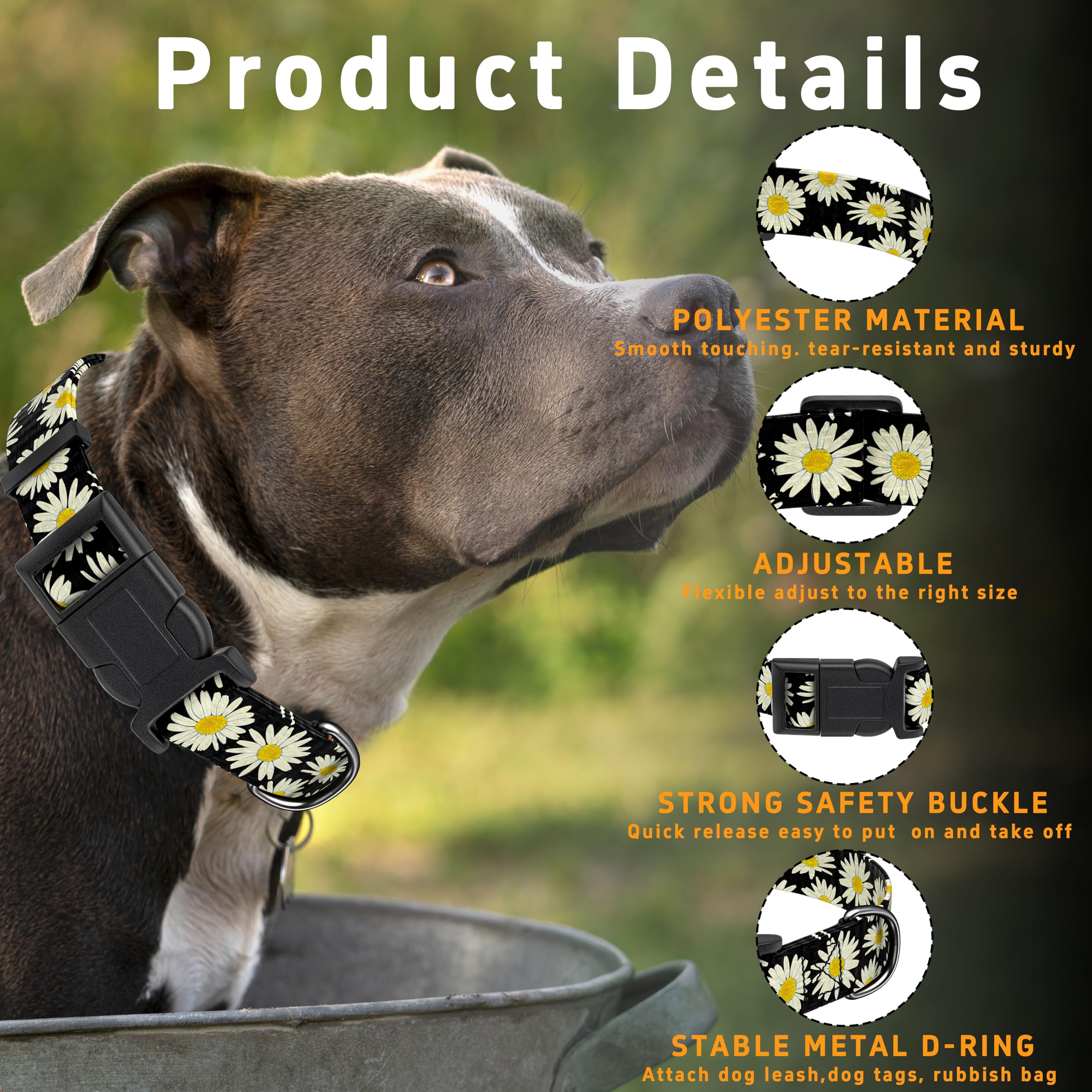 Seyezo Dog Collar, Daisy Boys Girls Puppy Collar for Small Medium Large Dogs, Adjustable Soft Floral Pet Collar with Safety Buckle for Male Females(Black Daisy,XS)