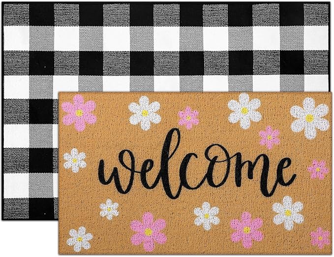 Tinideya 2 Pcs Spring Door Mat Outdoor Layerd Pink Flower Welcome Mat