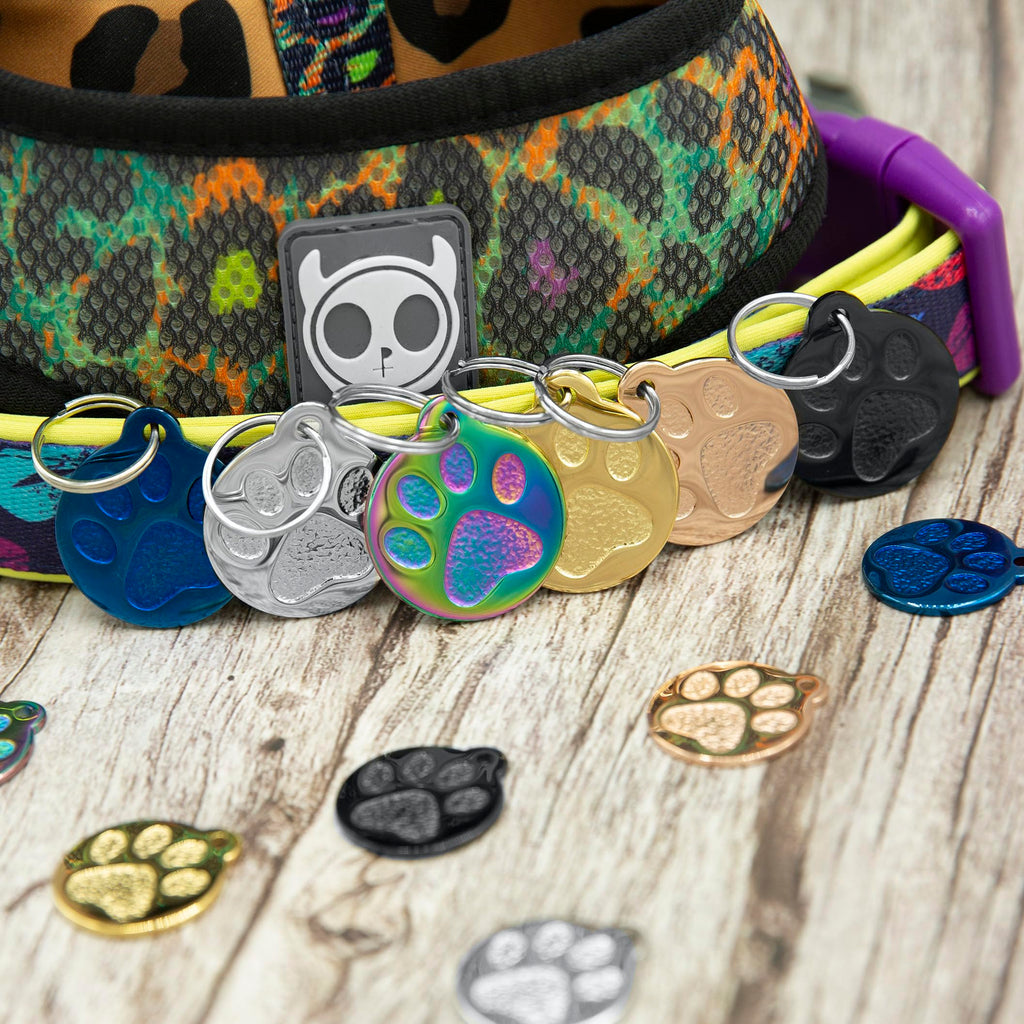 Engraved Pet Tag for Dogs and Cats - Personalized Front & Back up to 4 Lines of Text Custom Engraved ID, Round Paw Print Solid Plating Stainless Steel Silver Small