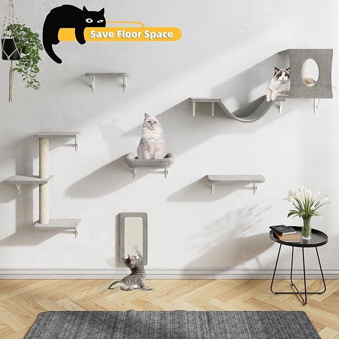 NUNU LAB Wall Mounted Cat Furniture Set - 6 Pcs Climber Set with House, Bridge, Steps, Scratcher Board - DIY Walls Playground, Indoor Cat Shelves - Gray