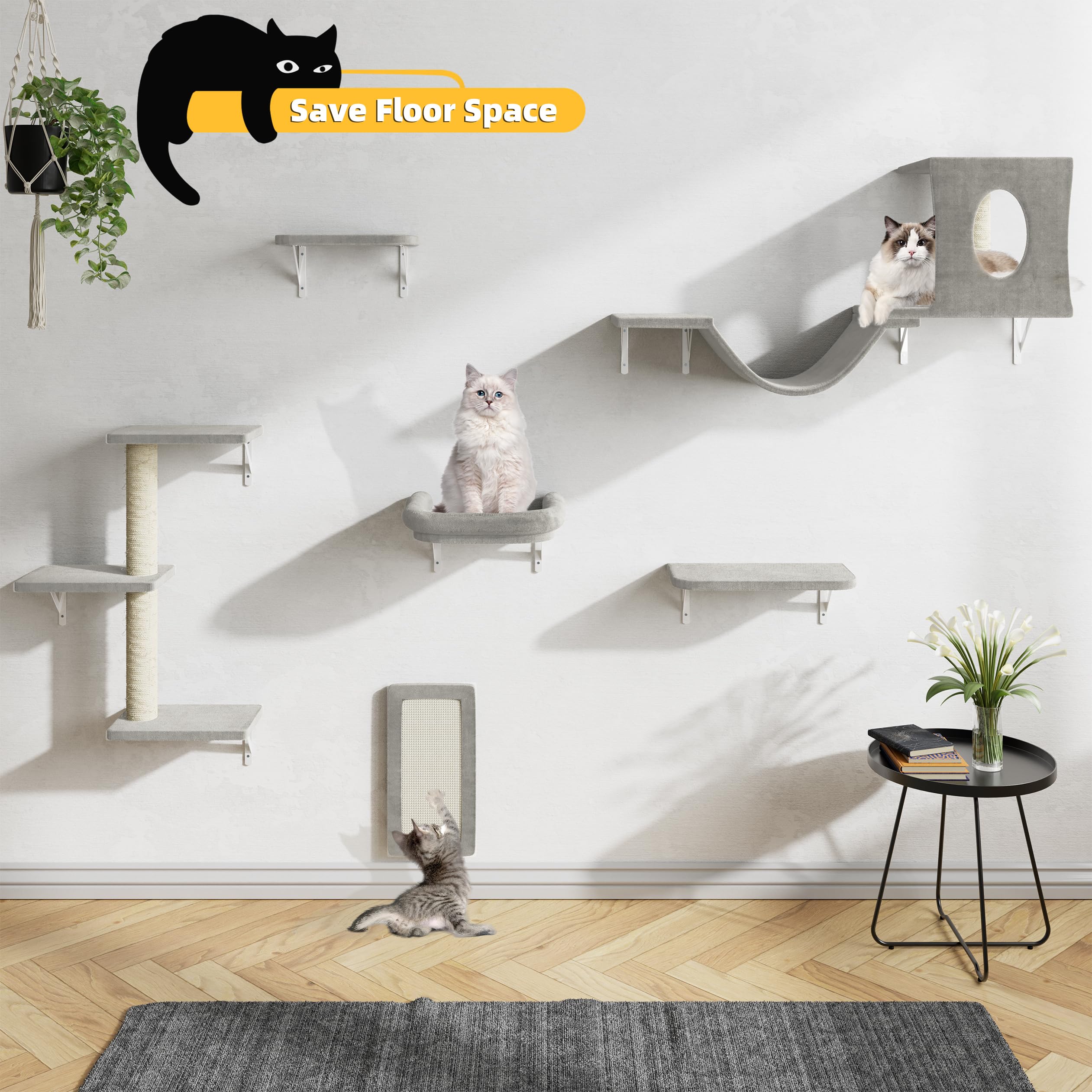 NUNU LAB Wall Mounted Cat Furniture Set - 6 Pcs Climber Set with House, Bridge, Steps, Scratcher Board - DIY Walls Playground, Indoor Cat Shelves - Gray