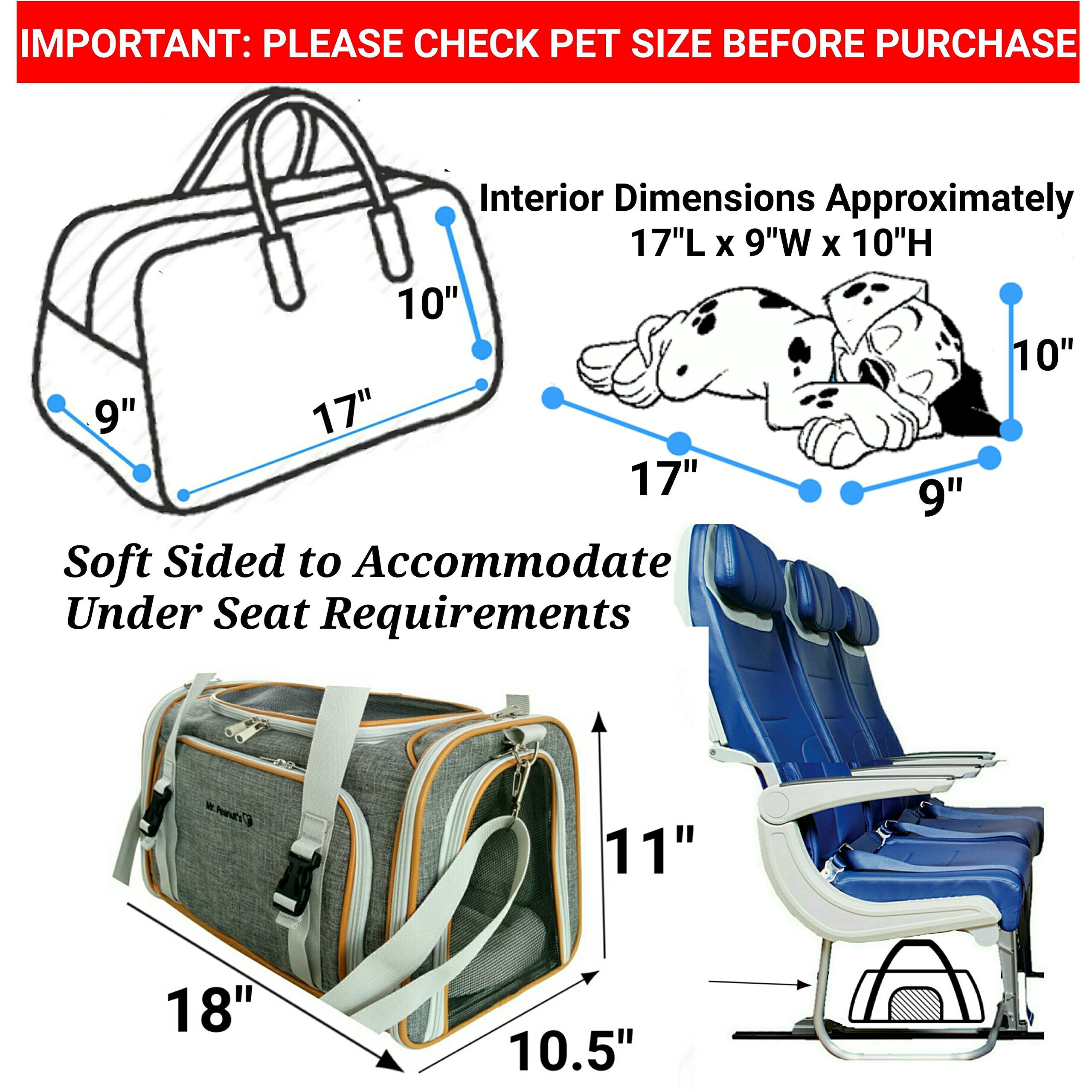 Mr. Peanut's Expandable Airline Approved Soft Sided Pet Carrier, Luxury Travel Tote with Premium Auto Self Locking Zippers, Plush Faux Fleece Bedding with Sturdy Plywood Base, 18LX10.5WX11 H