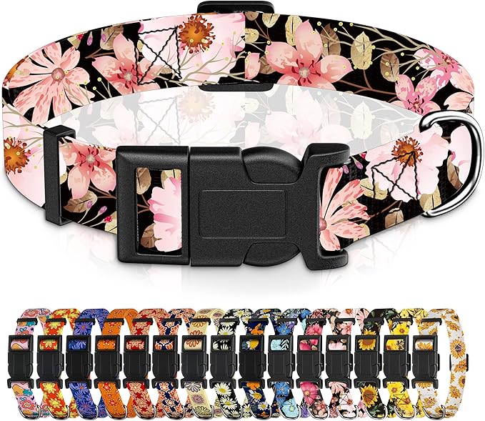 Seyezo Dog Collar for Boys Girls, Floral Puppy Collar for Small Medium Large Dogs, Adjustable Floral Pattern Soft Pet Collar with Safety Buckle for Male Females(Light Pink,L)