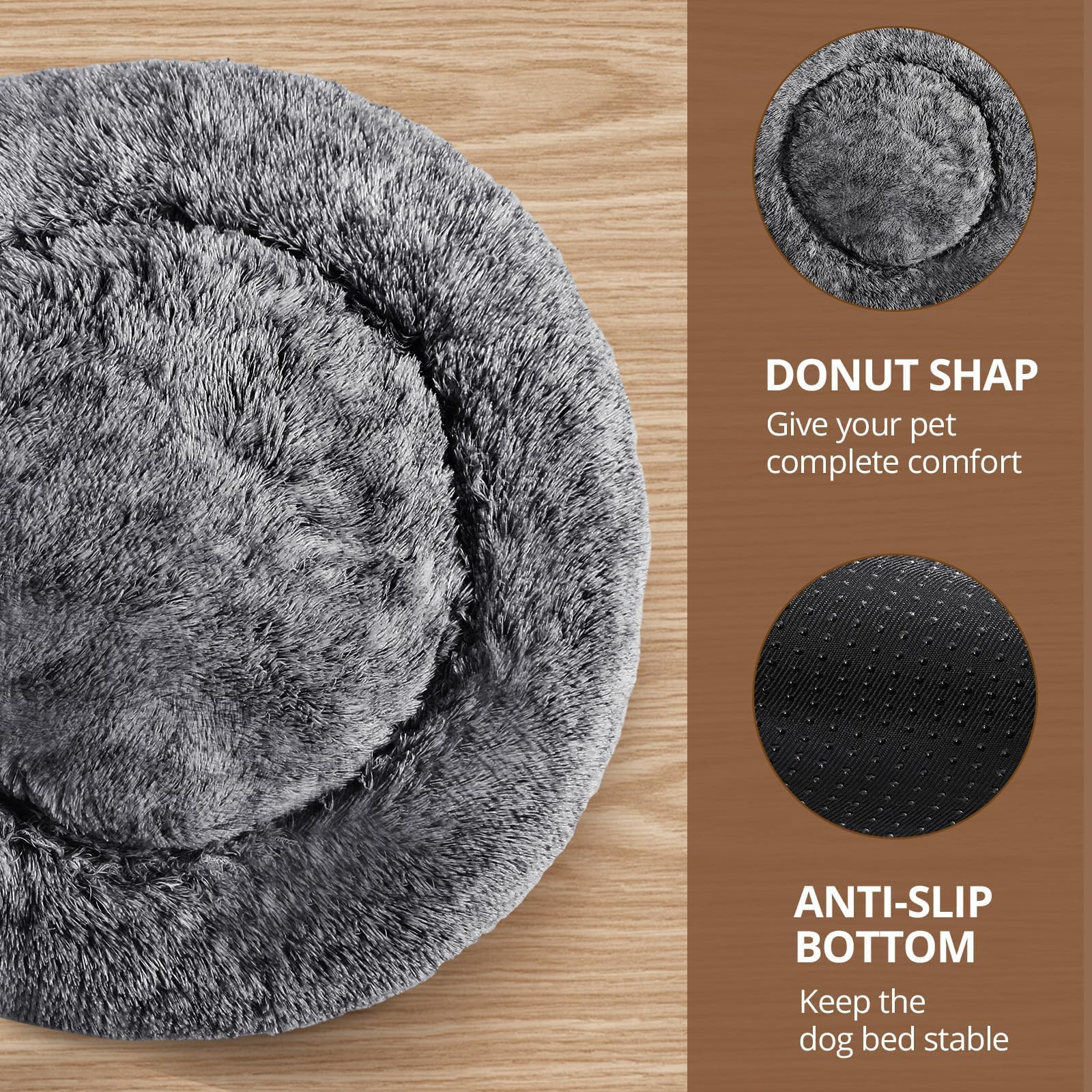 JOLLYVOGUE Calming Dog Bed for Small Dogs - 23 inches Donut Washable Small Dog Bed for Kittens & Puppies, Anti-Slip Round Fluffy Plush Faux Fur Cat Beds (Fits up to 25 lbs Pets, Smoke Black)