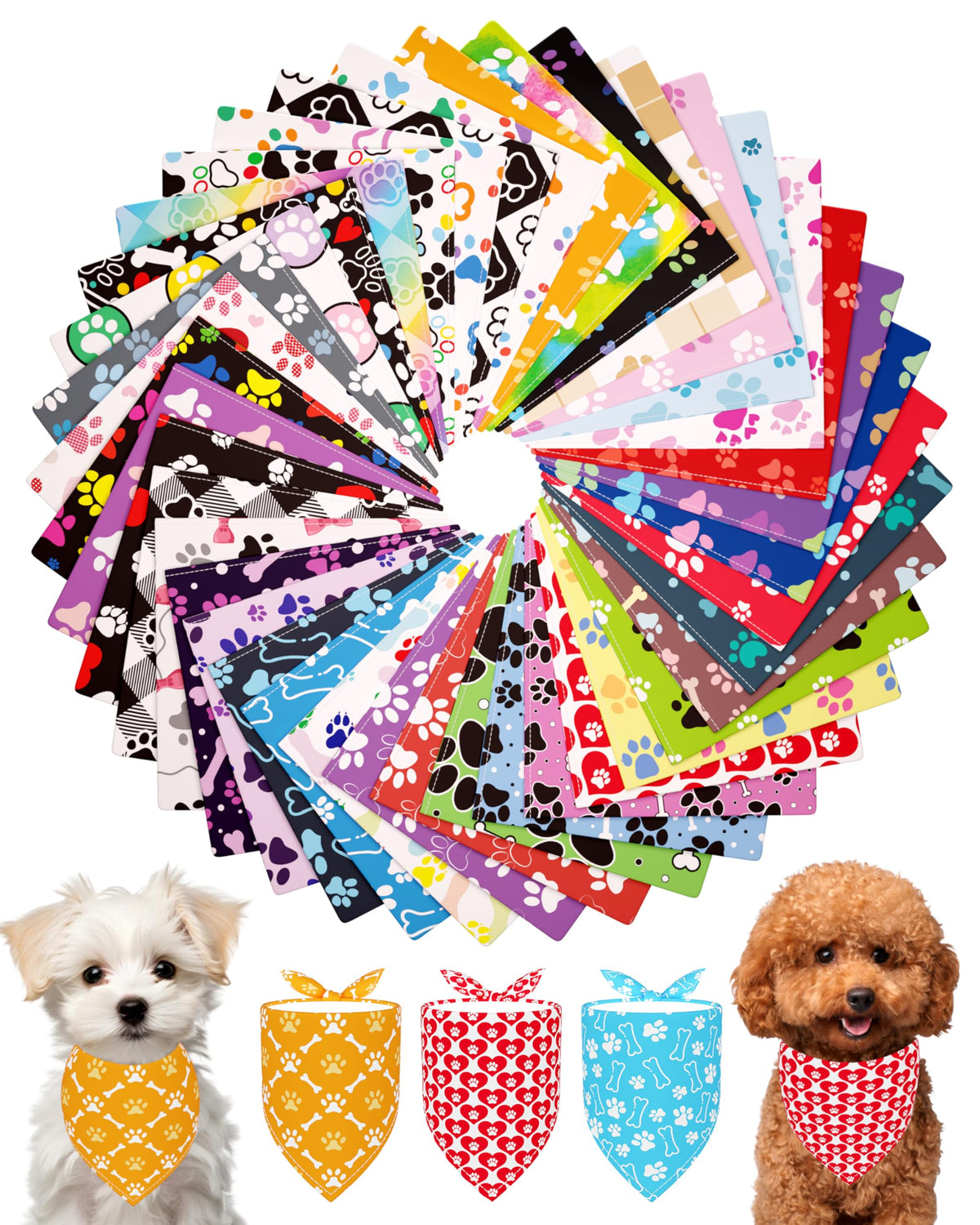 PET SHOW 50 Pack Paw Print Dog Bandanas Bulk for Medium Dogs