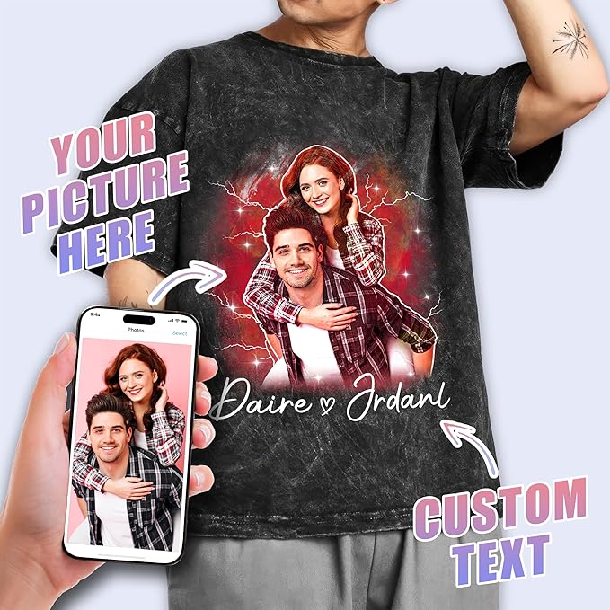 Tehg & Tuhg Custom T Shirts with Picture, Vintage Bootleg Rap Tee, Boyfriend Girlfriend, Unique Gift for Birthday Anniversary
