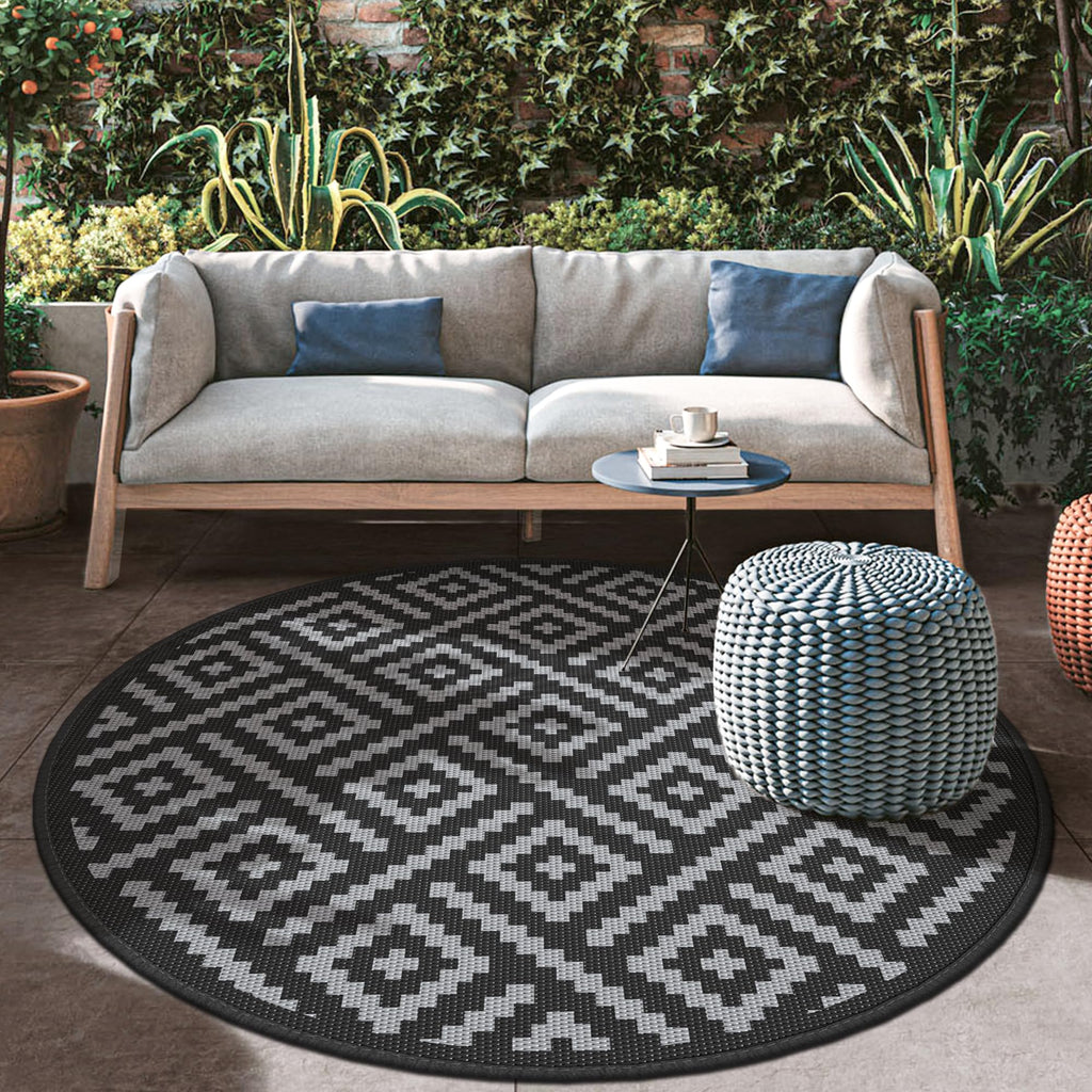 GENIMO Outdoor Rug, Waterproof Plastic Rugs for Patio, 8' Round Black Grey