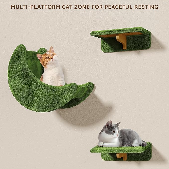 13-in-1 Cat Wall Shelves, Wall Mounted Cats Furniture Set with Plush Fabric, Cat Climbing Wall Systems, Cats Shelf with Moon Hammock, Condo, House, Step, Bridge Ladder, Scratching Post, Green