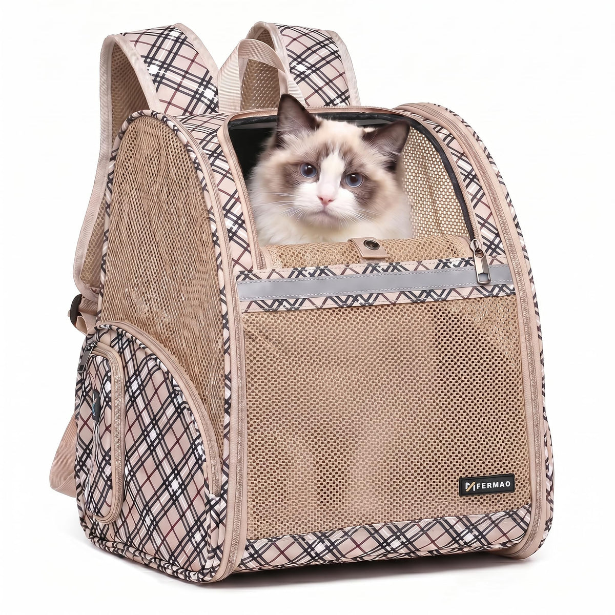 Cat Backpack Carrier for Small Dogs and Medium cat Puppy Kitten Bunny Pet Carrier Backpack Collapsible with Fully Ventilated Mesh with Safety Leash (Khaki, 12.9" L x 10.62" W x 15.5" H - M)
