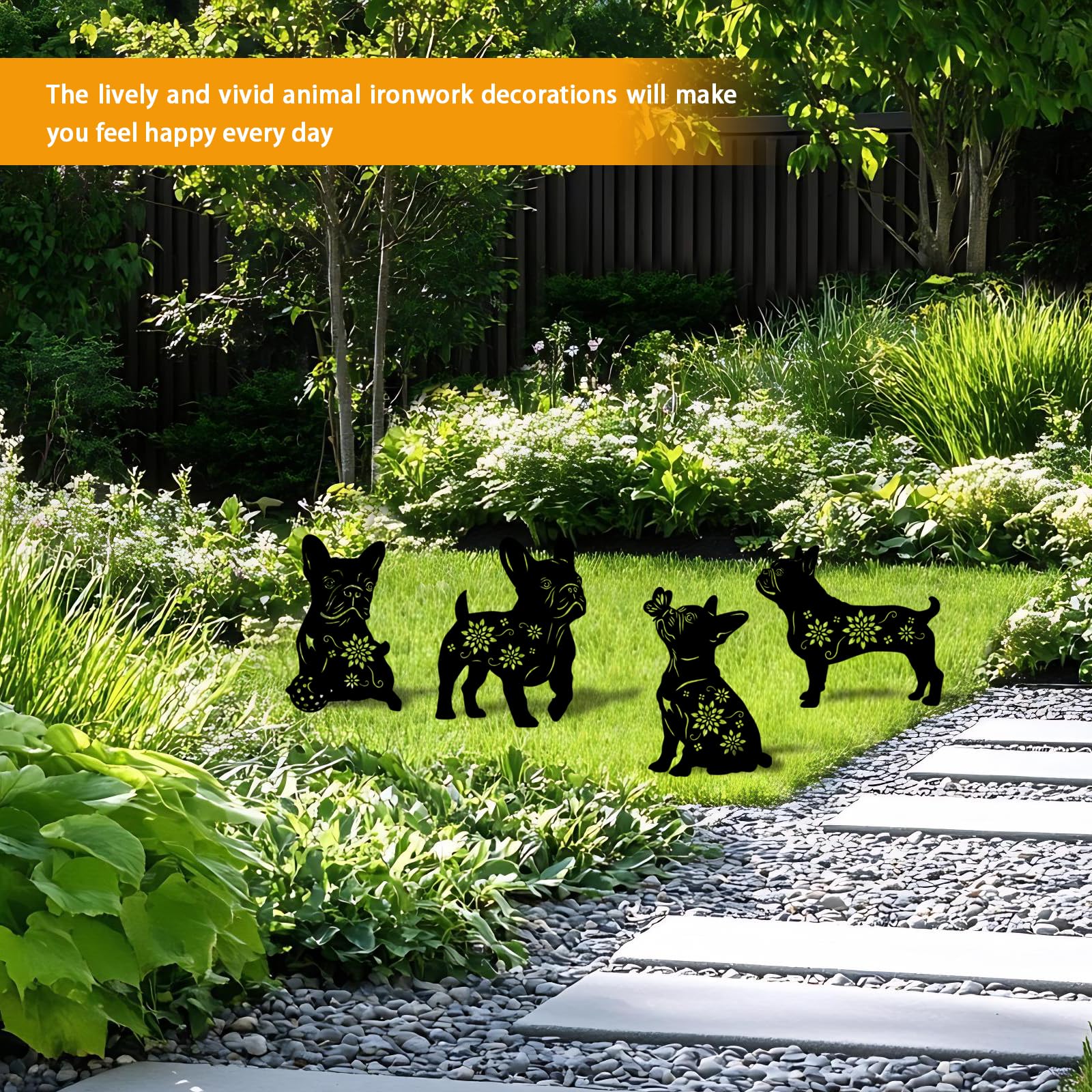 Yonisun 4 Pack Bulldog Metal Garden Decorative Stakes, Weather Proof Puppy Silhouette Statues for Yard, Patio,Outdoor Decor for Bulldog Lovers and Pet Owners