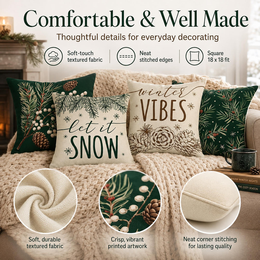 Fahrendom Winter Vibes Green Decorative Throw Pillow Covers
