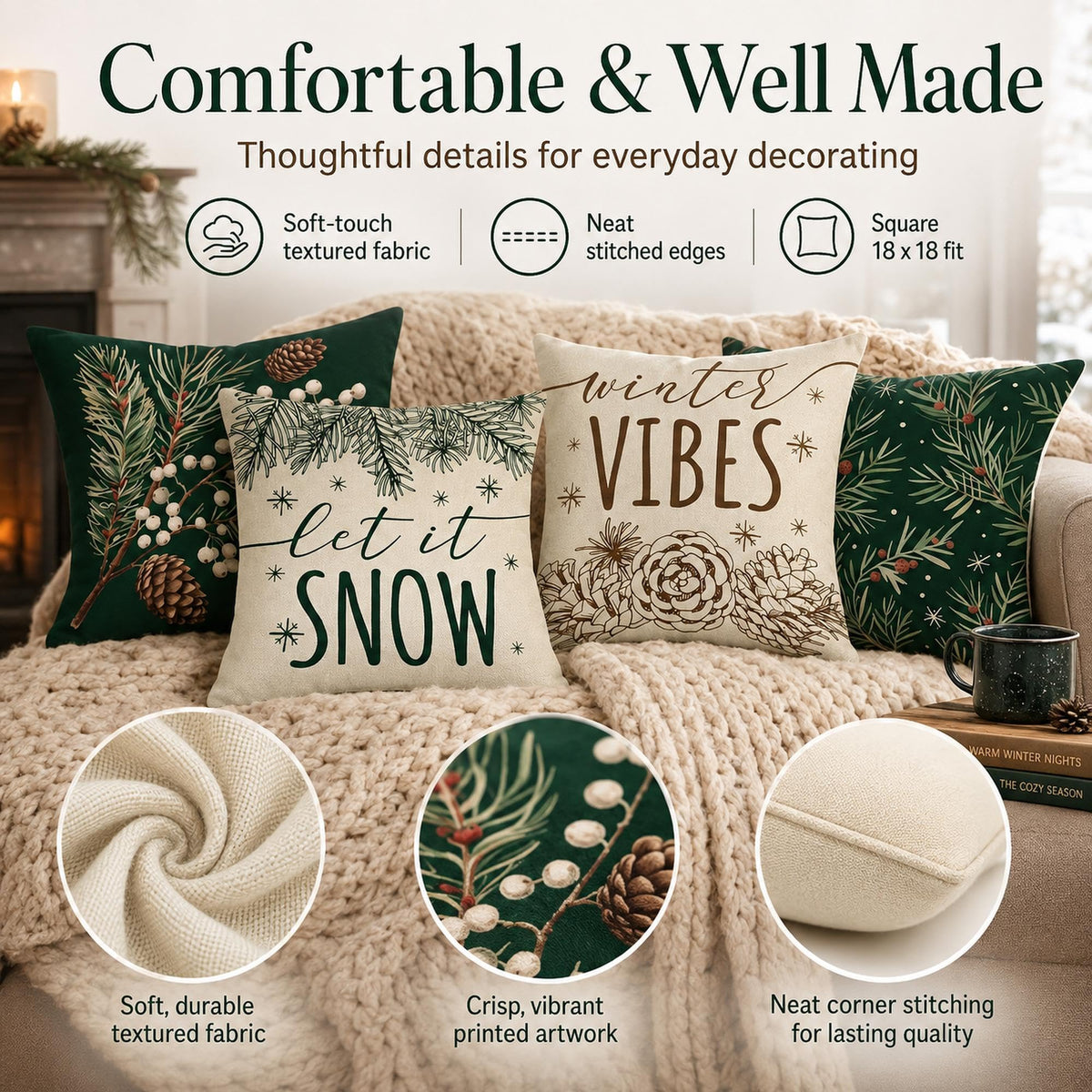 Fahrendom Winter Vibes Green Decorative Throw Pillow Covers