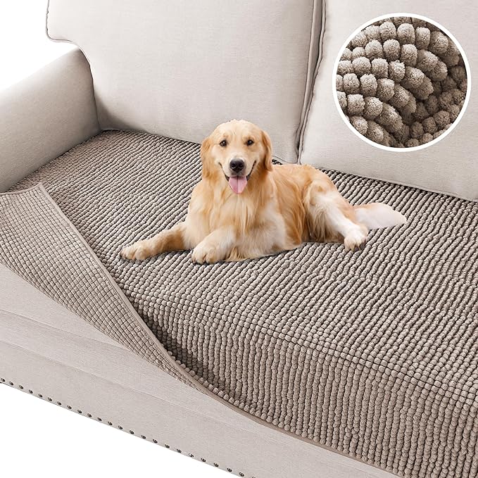 H.VERSAILTEX Plush Chenille Dog Bed Cover Thick Soft Sofa Cover for 3 Cushion Couch Anti Slip Couch Cover Furniture Protector for Dog, Pet, Cat (35" x 74", Cuban Sand)