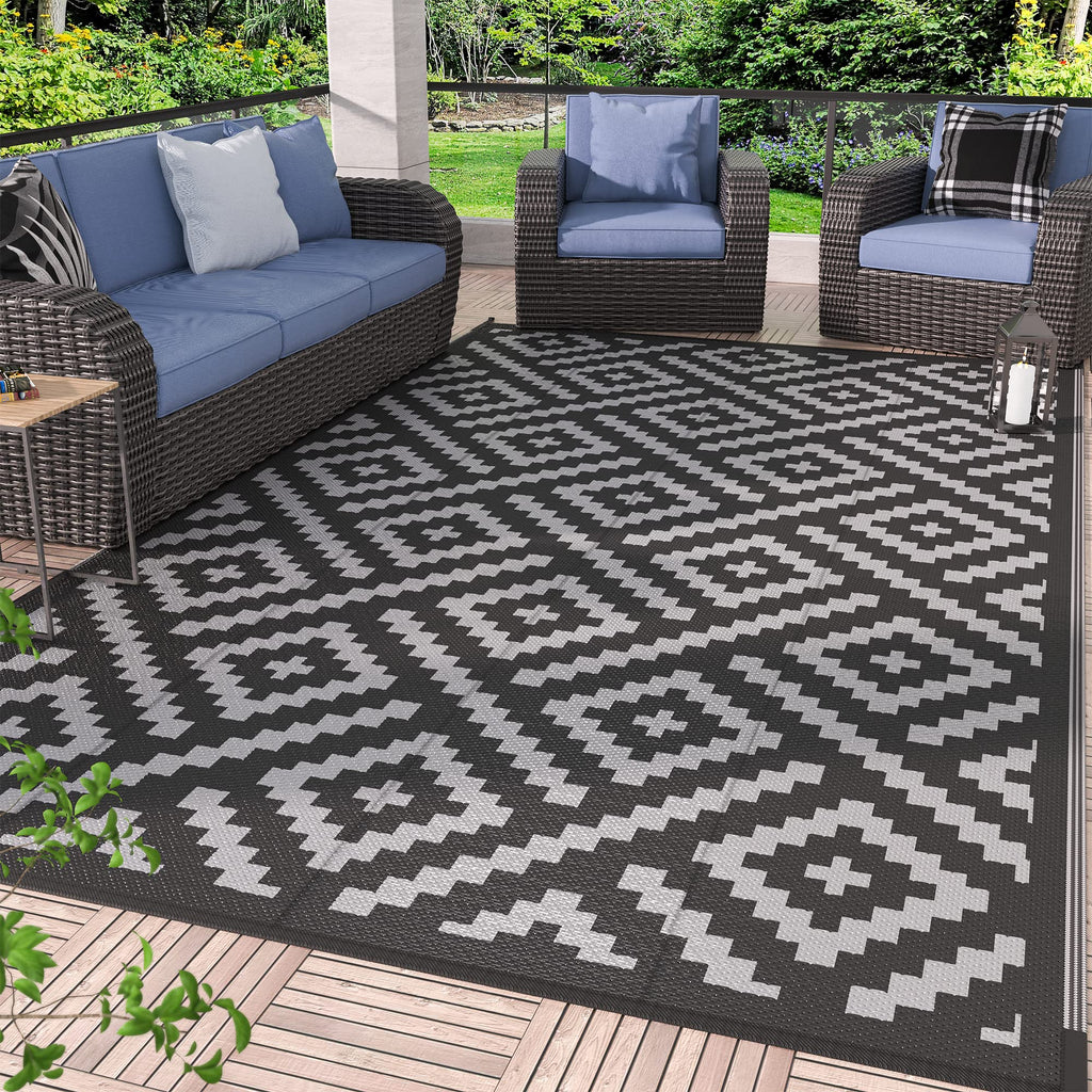 GENIMO Outdoor Rug 4x6 Waterproof, Reversible Mats, Outdoor Area Rug, Plastic Outside Carpet, Eeometric Rv Mat for Patio Camping Rv Picnic Backyard Deck Balcony Porch Beach (Black & Grey)