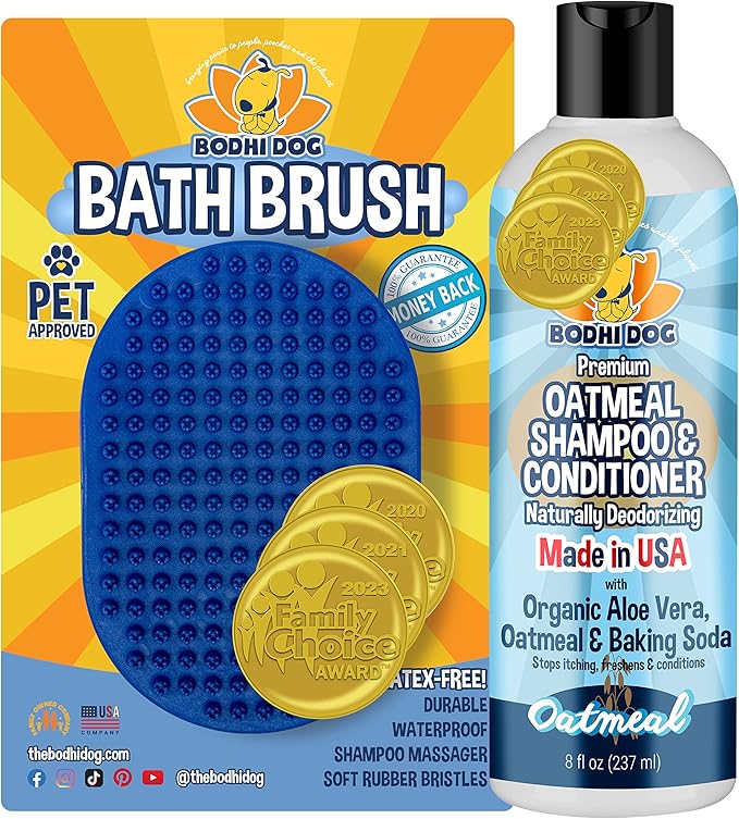 Bodhi Dog Shampoo Brush & Oatmeal Shampoo and Conditioner Bundle - Soothes and Moisturizes Dry, Itchy Skin - Bath Bundle for Shower, Showerhead, Sprayer & Bathing