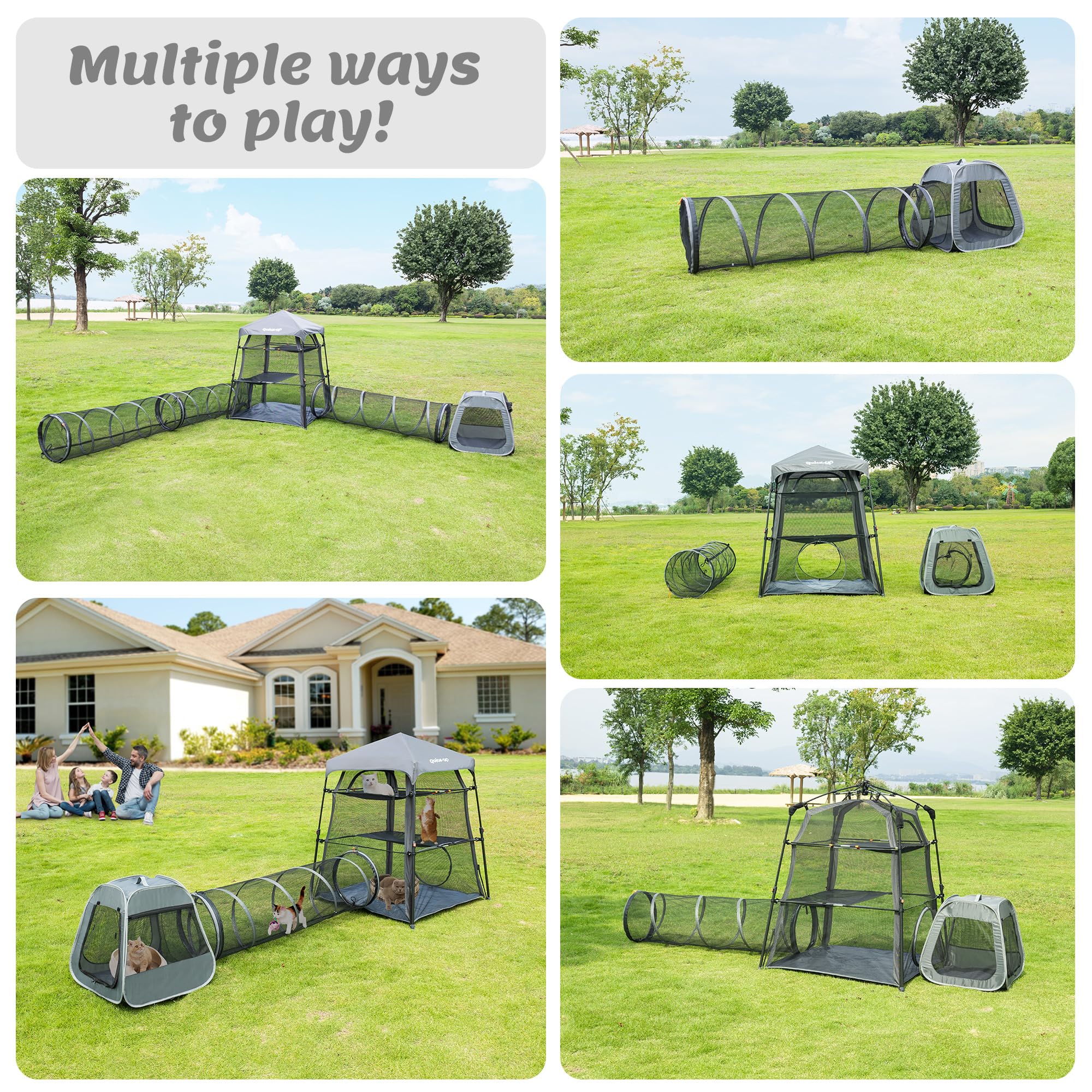 3 in 1 Portable Cat Enclosures with Tunnel & Cat House, Quick Setup Foldable Indoor Outdoor Cat Play Tent for Pet Families, Upgraded Stable Frame, Extra Large Space, Storage Bag + Cat Wand & Balls
