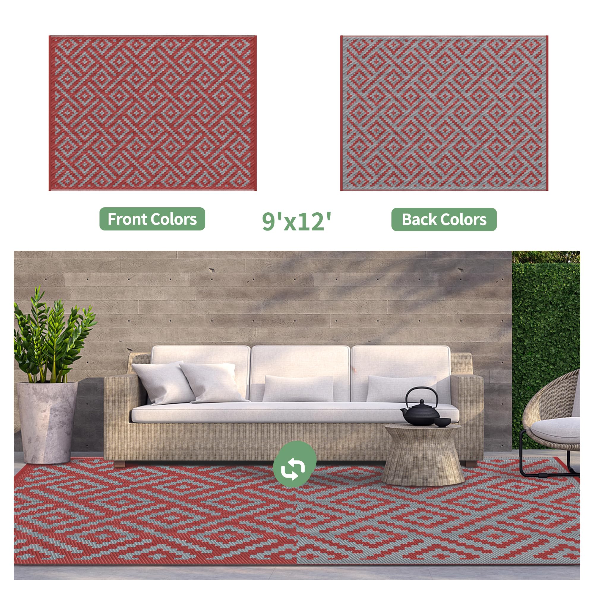 GENIMO Outdoor Rug, Waterproof Plastic Rugs for Patio, 9'x12' Red Grey