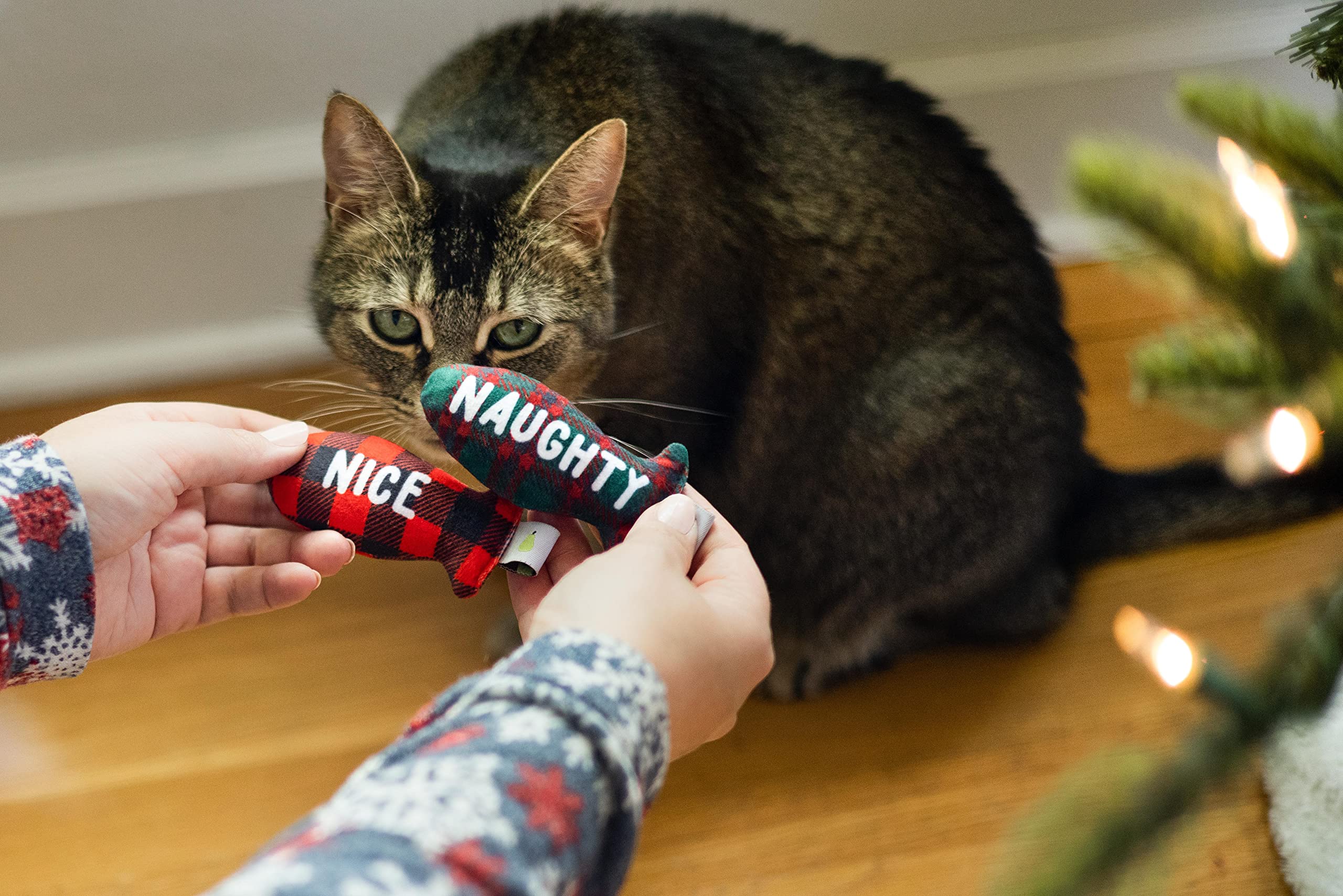 Pearhead Naughty Or Nice Christmas Cat Toy Set, Holiday Pet Owner Gift, Christmas Must Have Toy Set, Cat Teaser Toy, with Catnip Pouch, Set of 2