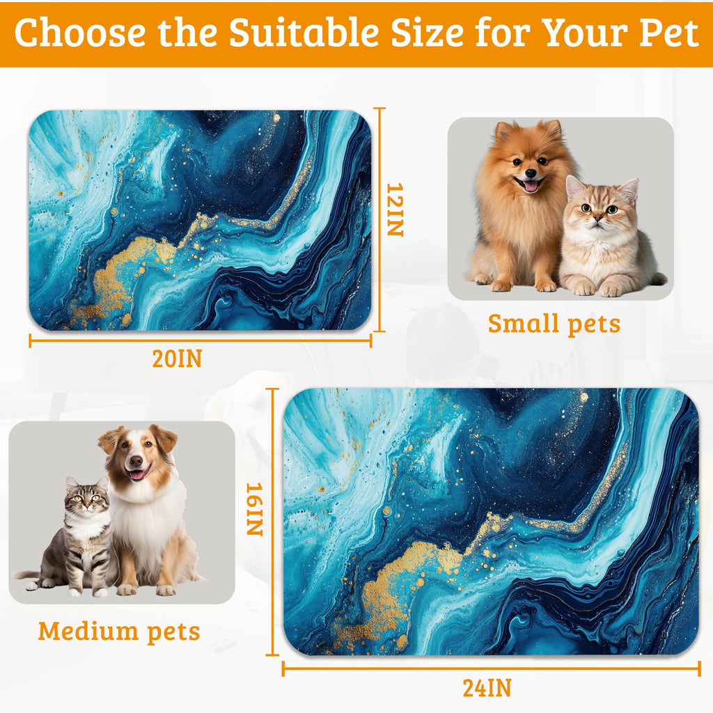 Dog Bowl Mat,Blue Gold Marble Pet Feeding Mat for Floors Waterproof,Flowing Absorbent Dogs Placemat for Food and Water Quick Dry Pet Cat Feeding Mats with Non Slip Bottom 12" x 20"