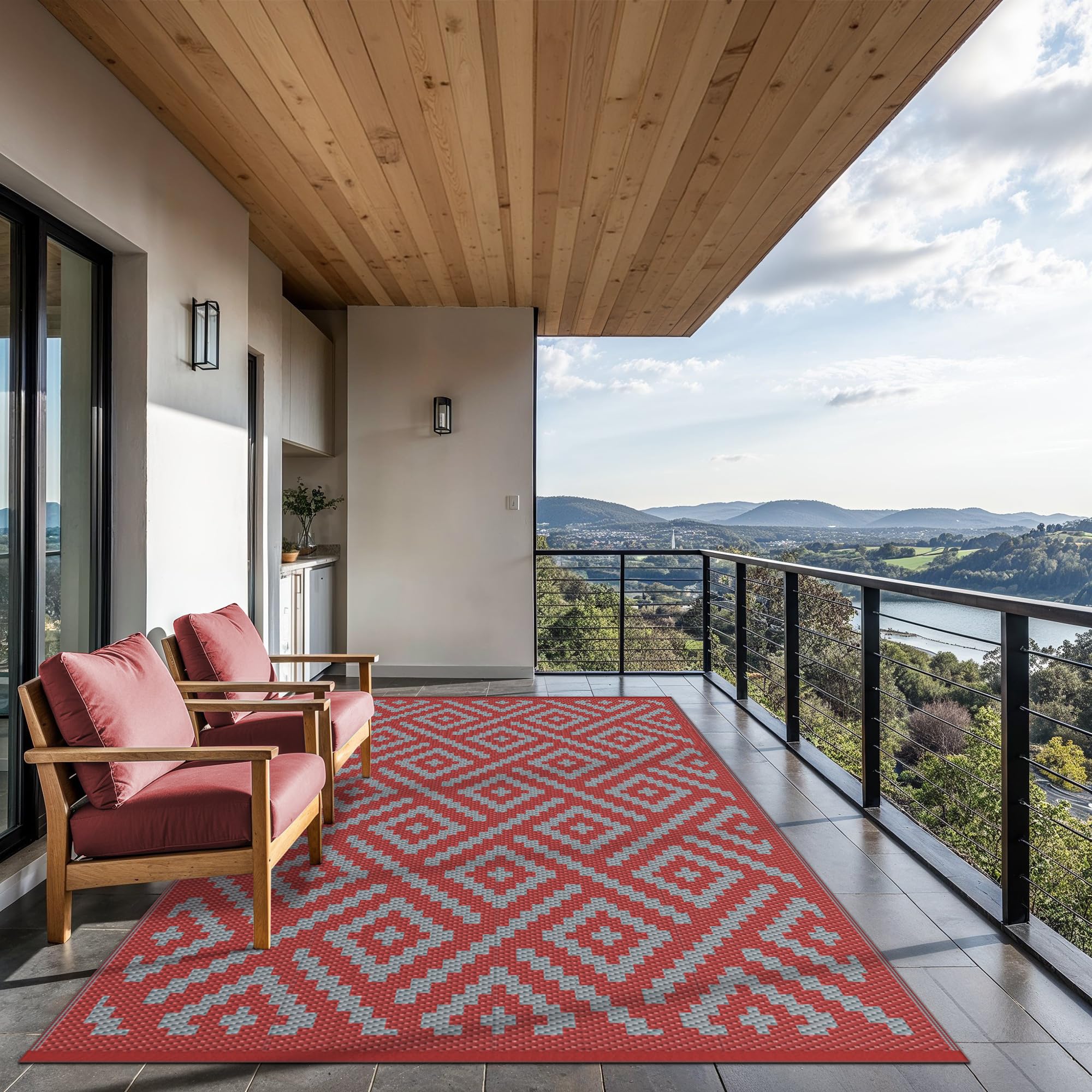 GENIMO Outdoor Rug, Waterproof Plastic Rugs for Patio, 9'x12' Red Grey