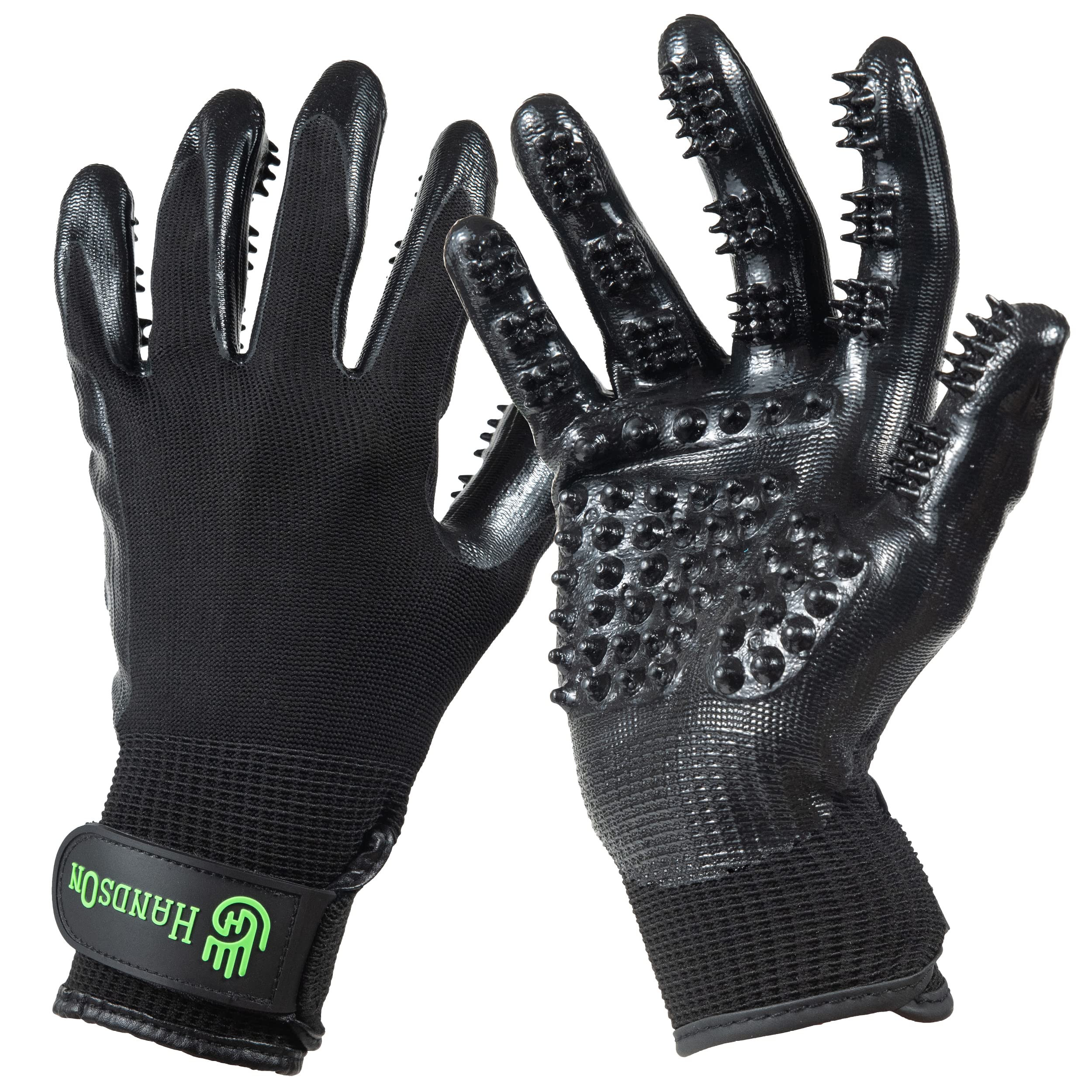 H HandsOn Pet Grooming Gloves - Patented #1 Ranked, Award Winning Shedding, Bathing, & Hair Remover Gloves - Gentle Brush for Cats, Dogs, and Horses (Black, X-Large)