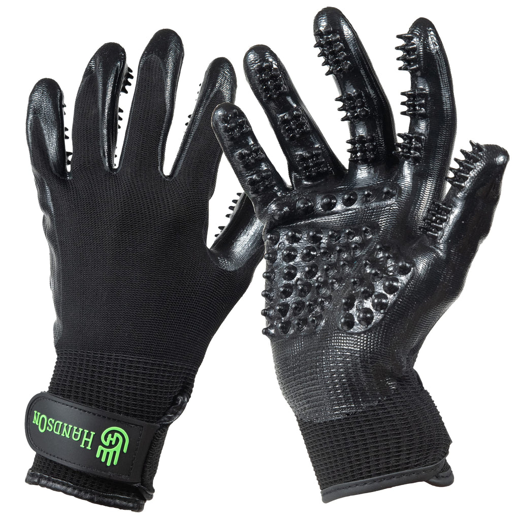 H HandsOn Pet Grooming Gloves - Patented #1 Ranked, Award Winning Shedding, Bathing, & Hair Remover Gloves - Gentle Brush for Cats, Dogs, and Horses (Black, X-Large)