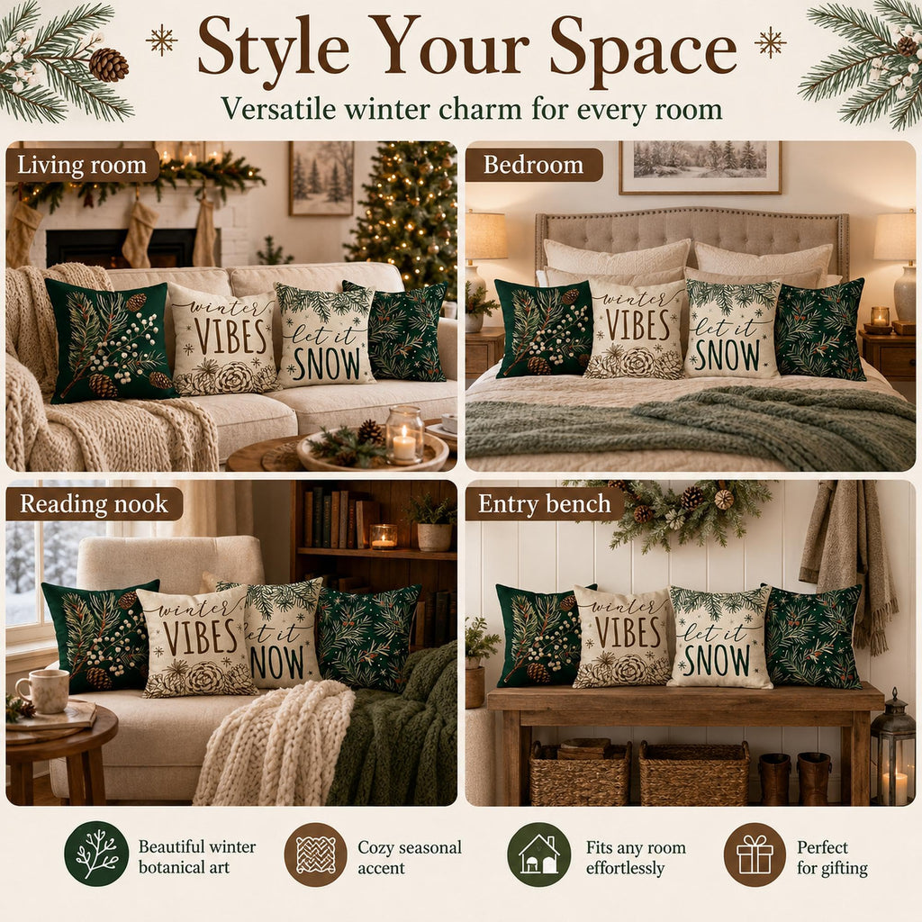 Fahrendom Winter Vibes Green Decorative Throw Pillow Covers
