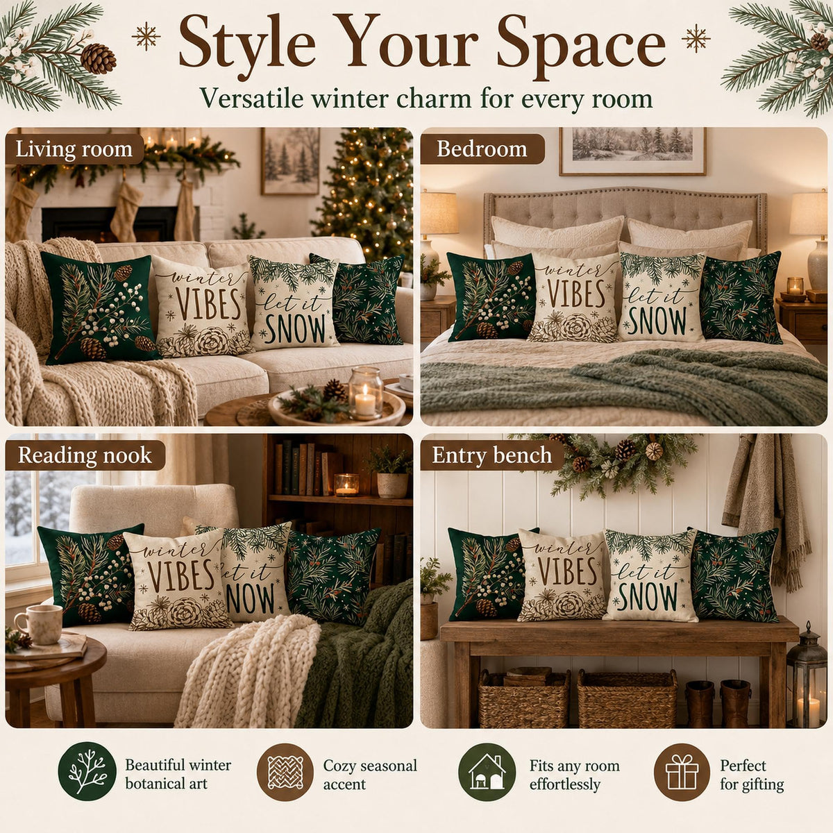 Fahrendom Winter Vibes Green Decorative Throw Pillow Covers