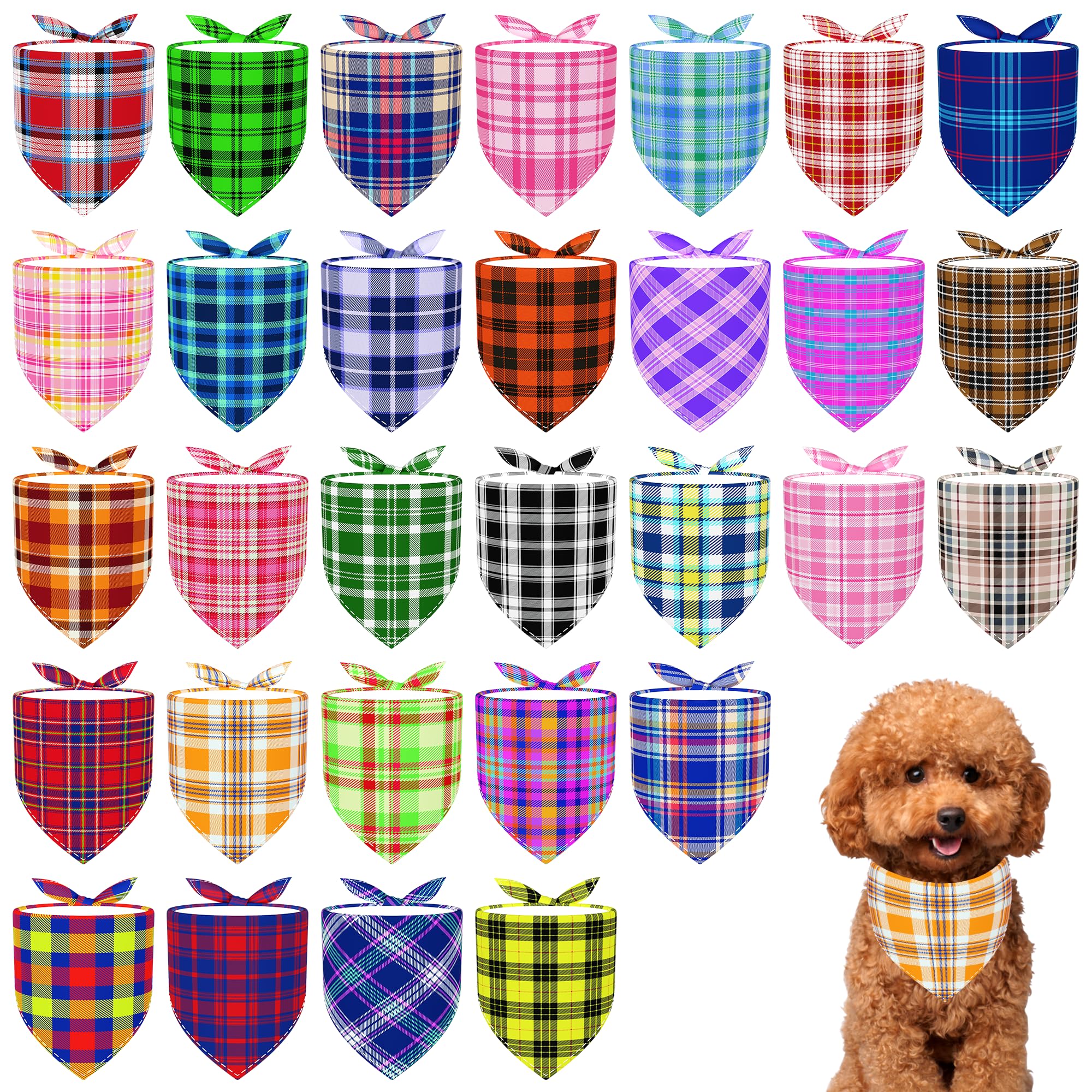 Pai Sence Plaid Dog Bandanas Bulk for Small Dogs Sewn Edges 18" 30 Pack S