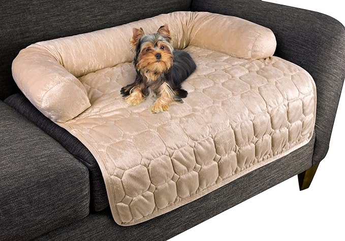 Couch Cover for Dogs - 35x35 Pet Furniture Protector with Memory Foam Neck Bolster, Quilted Fabric, and Water-Resistant Base Layer by PETMAKER (Beige