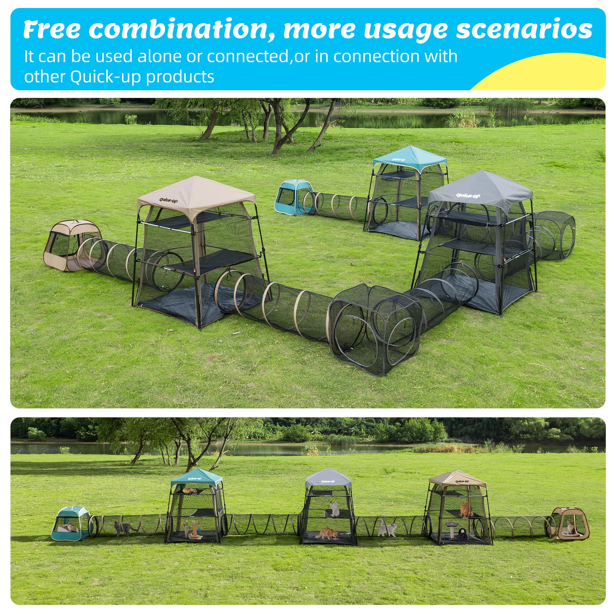 3 in 1 Portable Cat Enclosures with Tunnel & Cat House, Quick Setup Foldable Indoor Outdoor Cat Play Tent for Pet Families, Upgraded Stable Frame, Extra Large Space, Storage Bag + Cat Wand & Balls