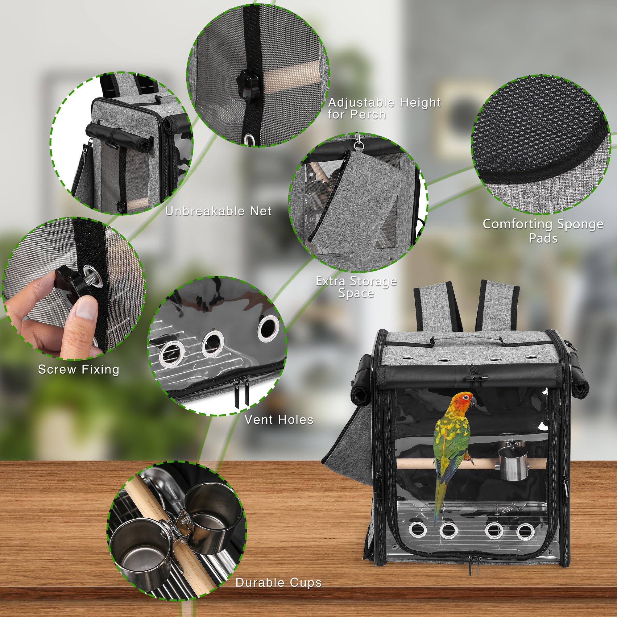 Suertree Bird Carrier with Seat Belt for Car Travel, Bird Backpack Carrier with Indestructible Stainless Steel Mesh, Large Bird Carrier Travel Cage, Grey