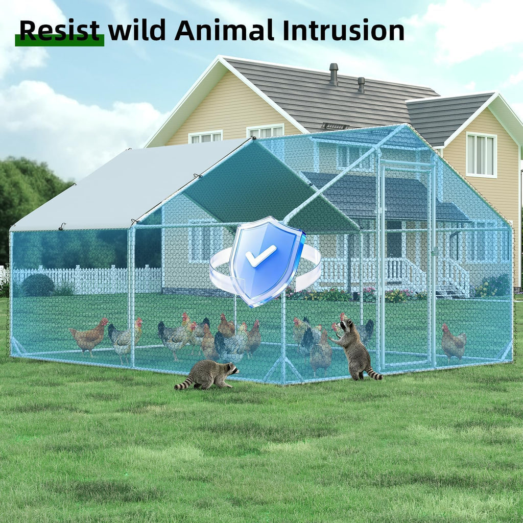 4ever2buy Metal Chicken Coop, 10x13 FT Walk-in Chicken Run Pen Poultry Cage, Water-Resistant & Anti-UV Cover, Large Chicken Coop for 12-15 Chickens
