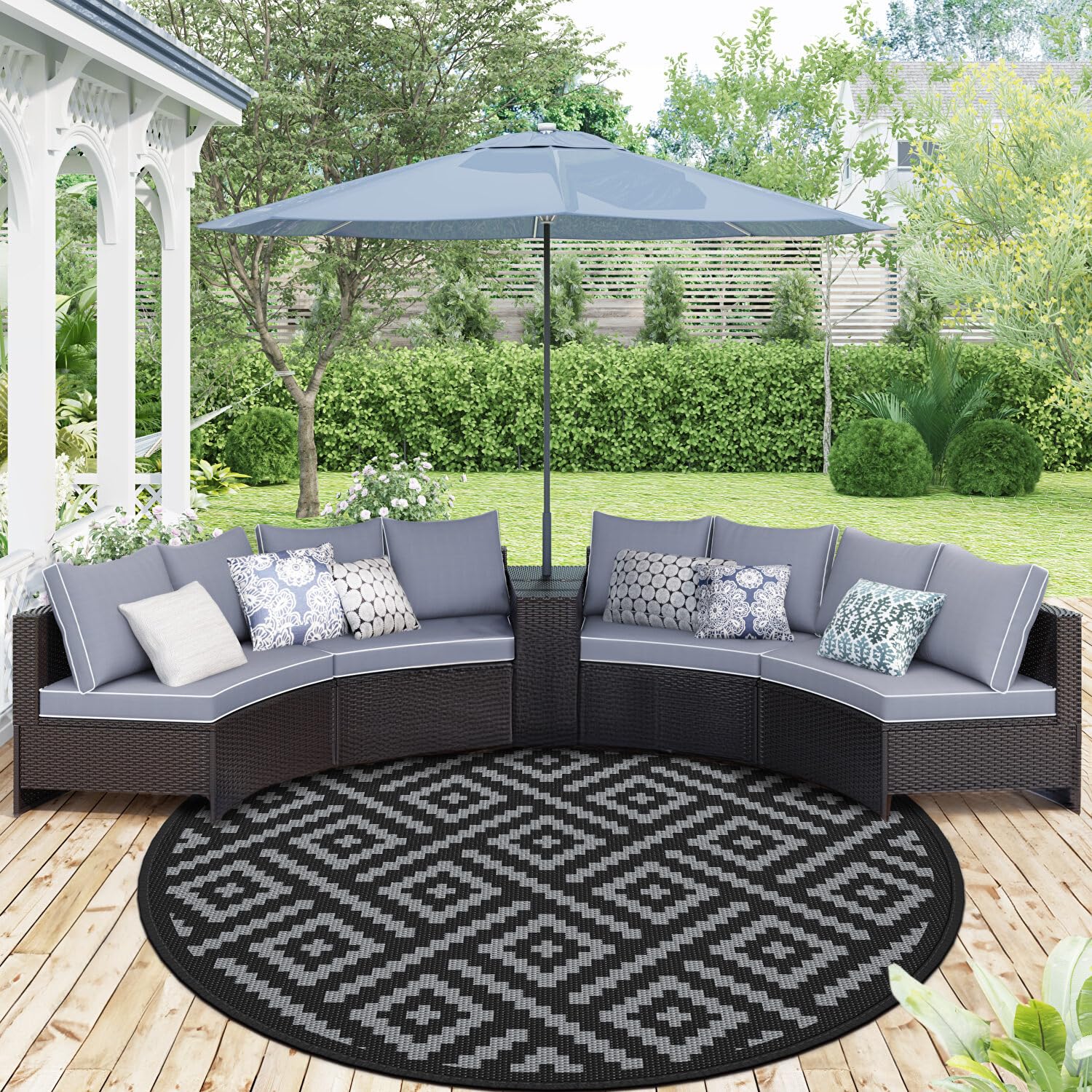 GENIMO Outdoor Rug, Waterproof Plastic Rugs for Patio, 8' Round Black Grey