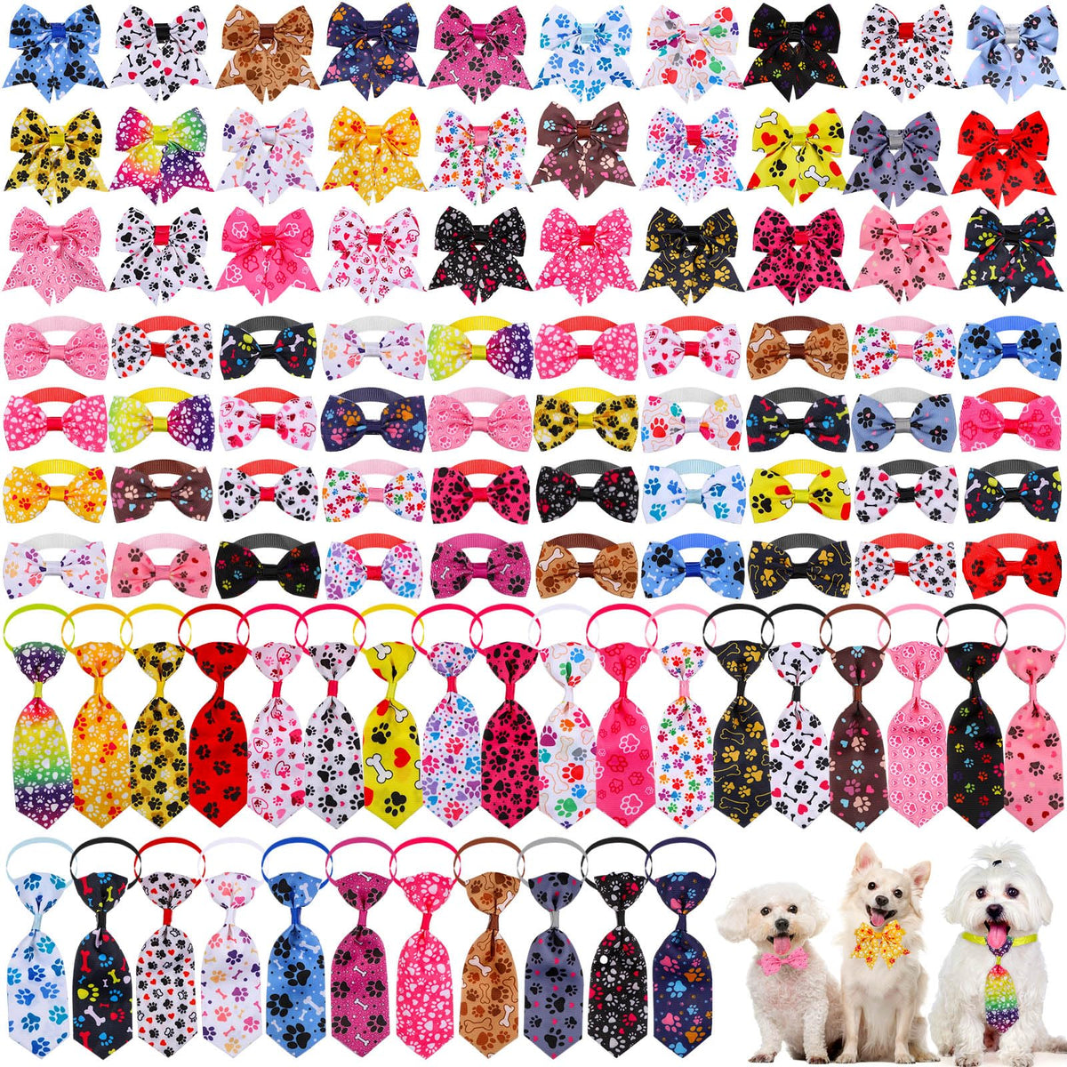 100 Pieces Adjustable Dog Bow Tie Collar Set, Flamingo