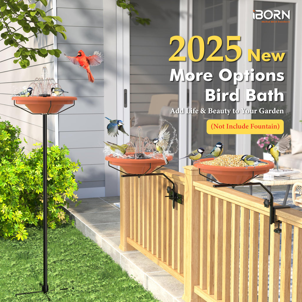 iBorn Bird Bath for Outside,Deck Mounted Bird Bath 12in，Birds Baths for Outdoors with Adjustable Clamp 3.2in，BPA-Free Bowl，360°Swivel & Adjustable Height Bracket，Detachable Birds Baths, Pack of 1