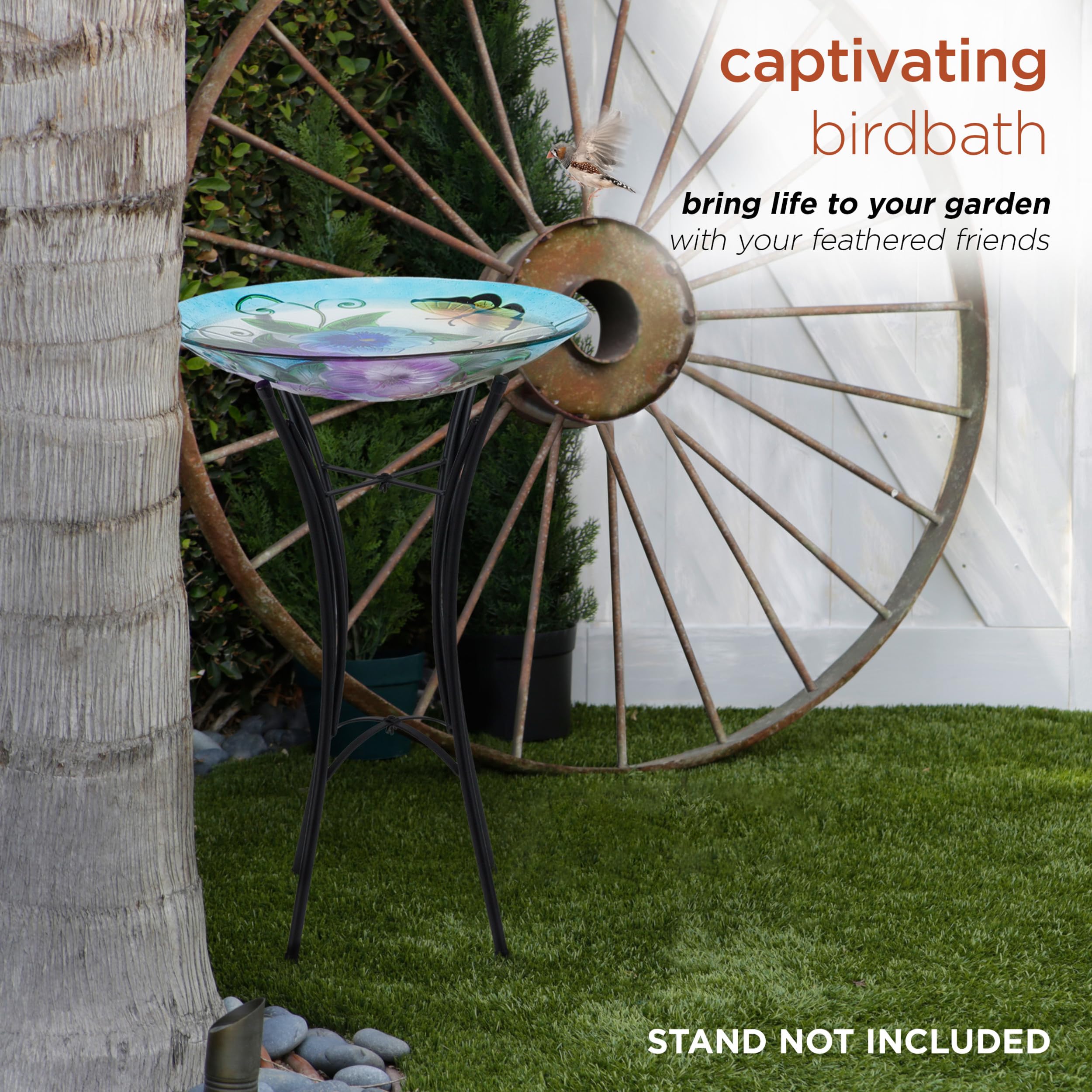 Alpine Corporation 18" Glass Birdbath Topper with Colorful Butterfly and Flowers
