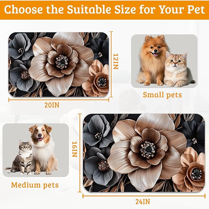 Black Brown Flower Feeding Mat,Artistic Absorbent Quick-Dry Cat Dog Food and Water Bowl Mats,Non-Slip Rubber Backing Mat,Cat Dog Accessories Supplies 12" x 20"