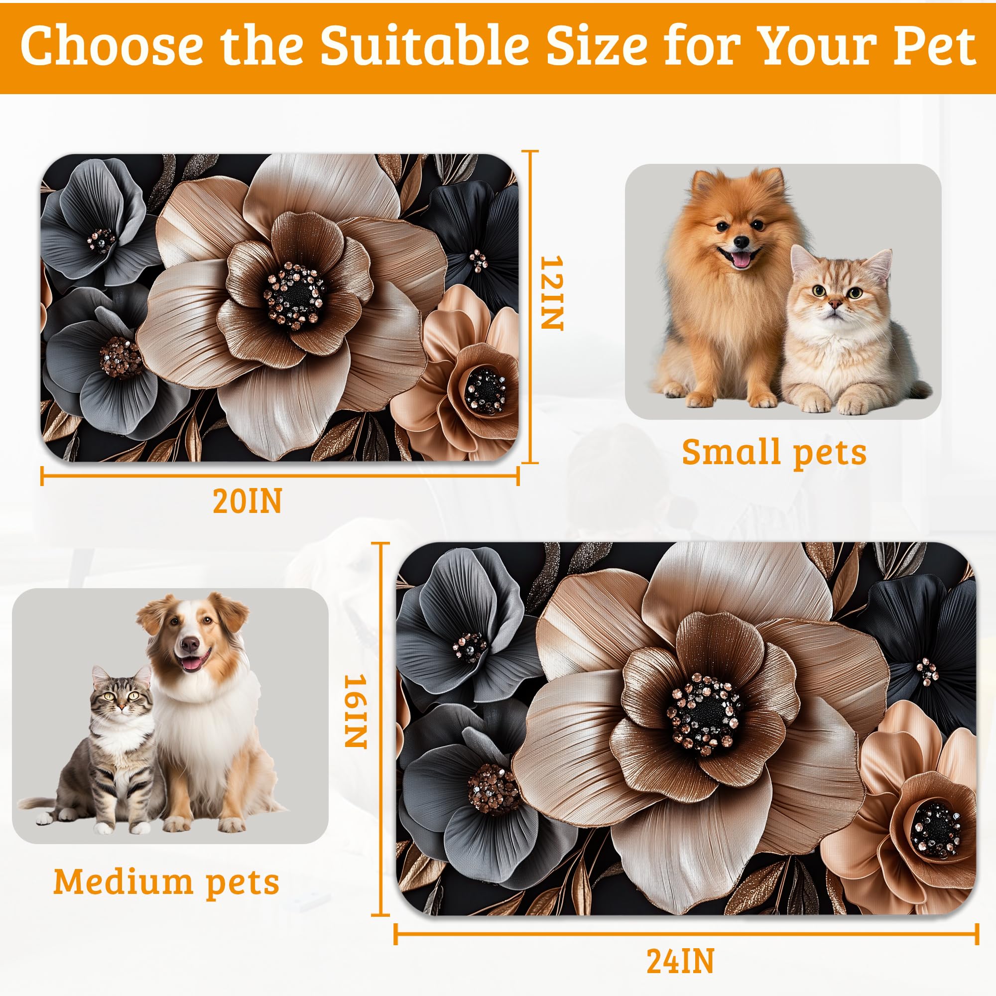 Black Brown Flower Feeding Mat,Artistic Absorbent Quick-Dry Cat Dog Food and Water Bowl Mats,Non-Slip Rubber Backing Mat,Cat Dog Accessories Supplies 16" x 24"