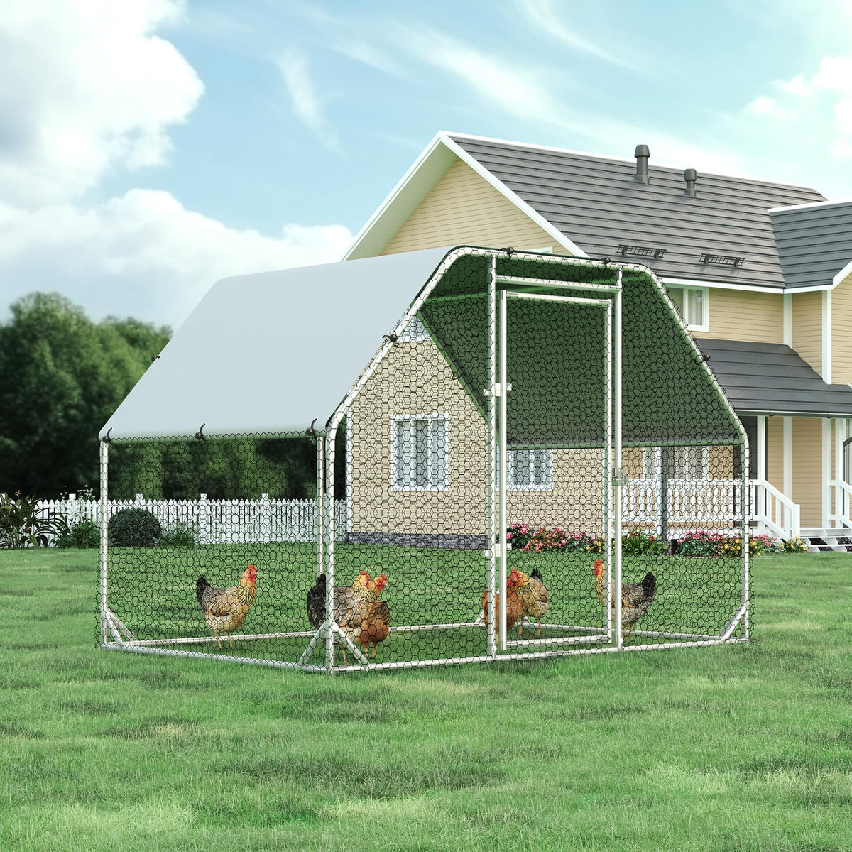 4ever2buy Metal Chicken Coop, 9.2x6.3 FT Walk-in Chicken Run Pen Poultry Cage, Water-Resistant & Anti-UV Cover, Large Chicken Coop for 6-8 Chickens