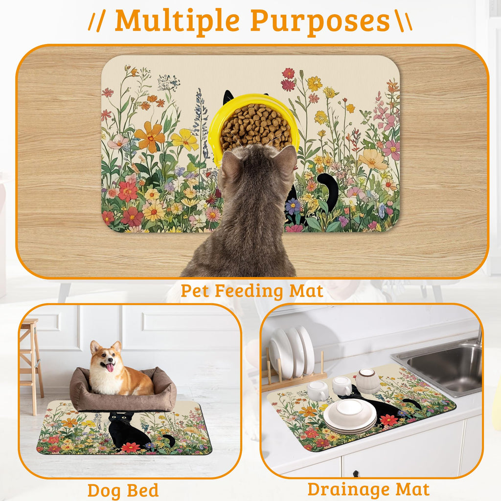Dog Bowl Mat,Cat Black Pet Feeding Mat for Floors Waterproof,Color Flowers Absorbent Dogs Placemat for Food and Water Quick Dry Pet Cat Feeding Mats with Non Slip Bottom 12" x 20"
